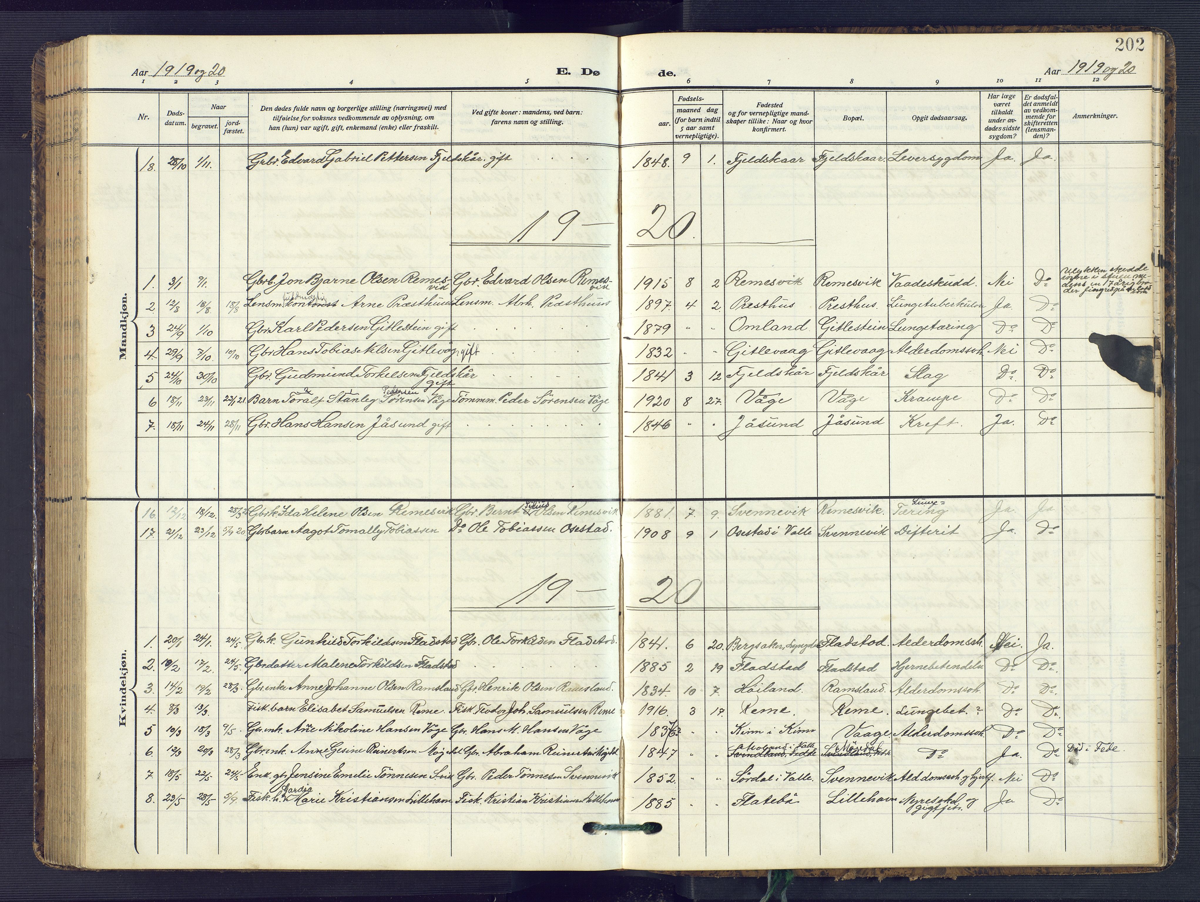 Sør-Audnedal sokneprestkontor, SAK/1111-0039/F/Fb/Fba/L0005: Parish register (copy) no. B 5, 1908-1963, p. 202