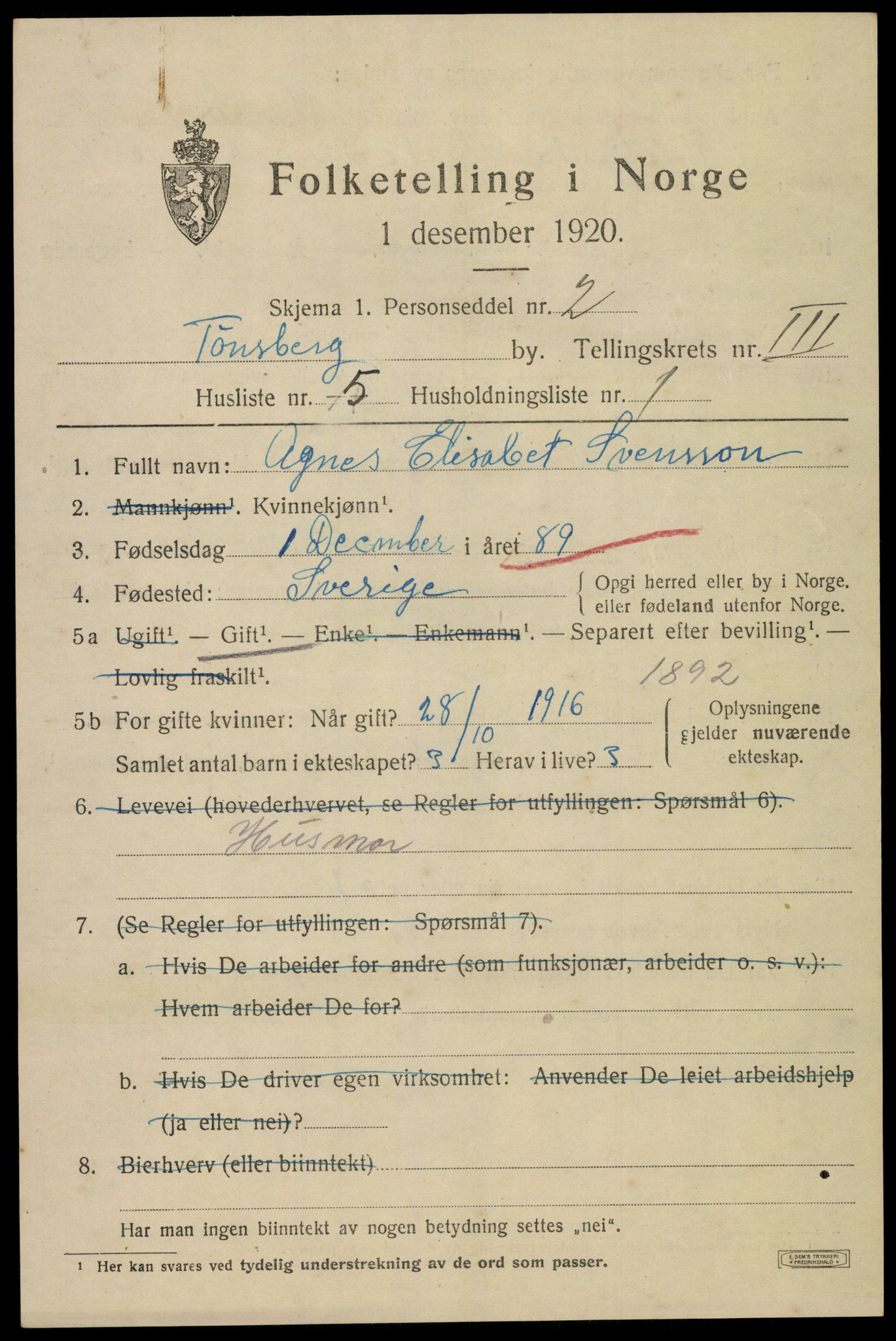 SAKO, 1920 census for Tønsberg, 1920, p. 11037