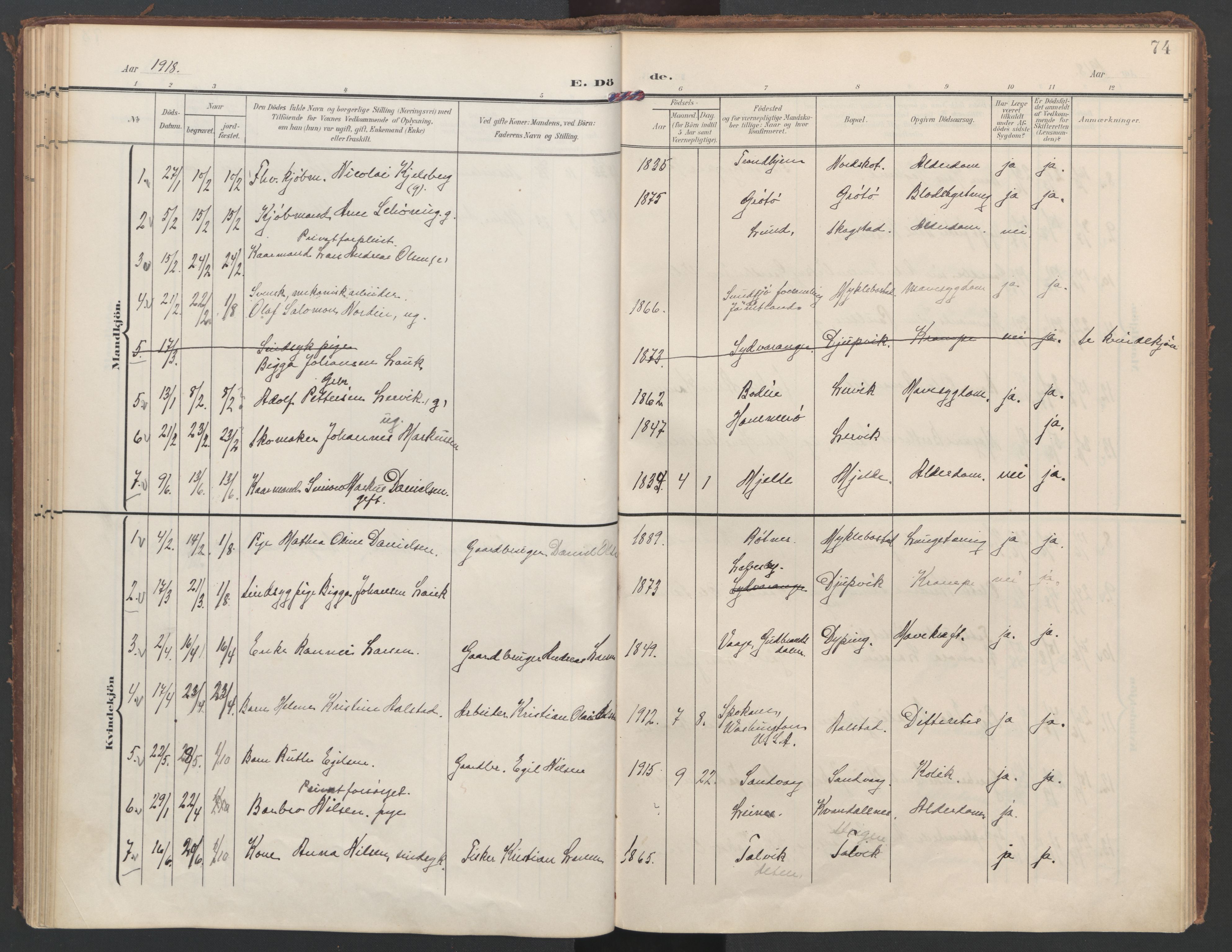 Ministerialprotokoller, klokkerbøker og fødselsregistre - Nordland, SAT/A-1459/855/L0806: Parish register (official) no. 855A14, 1906-1922, p. 74