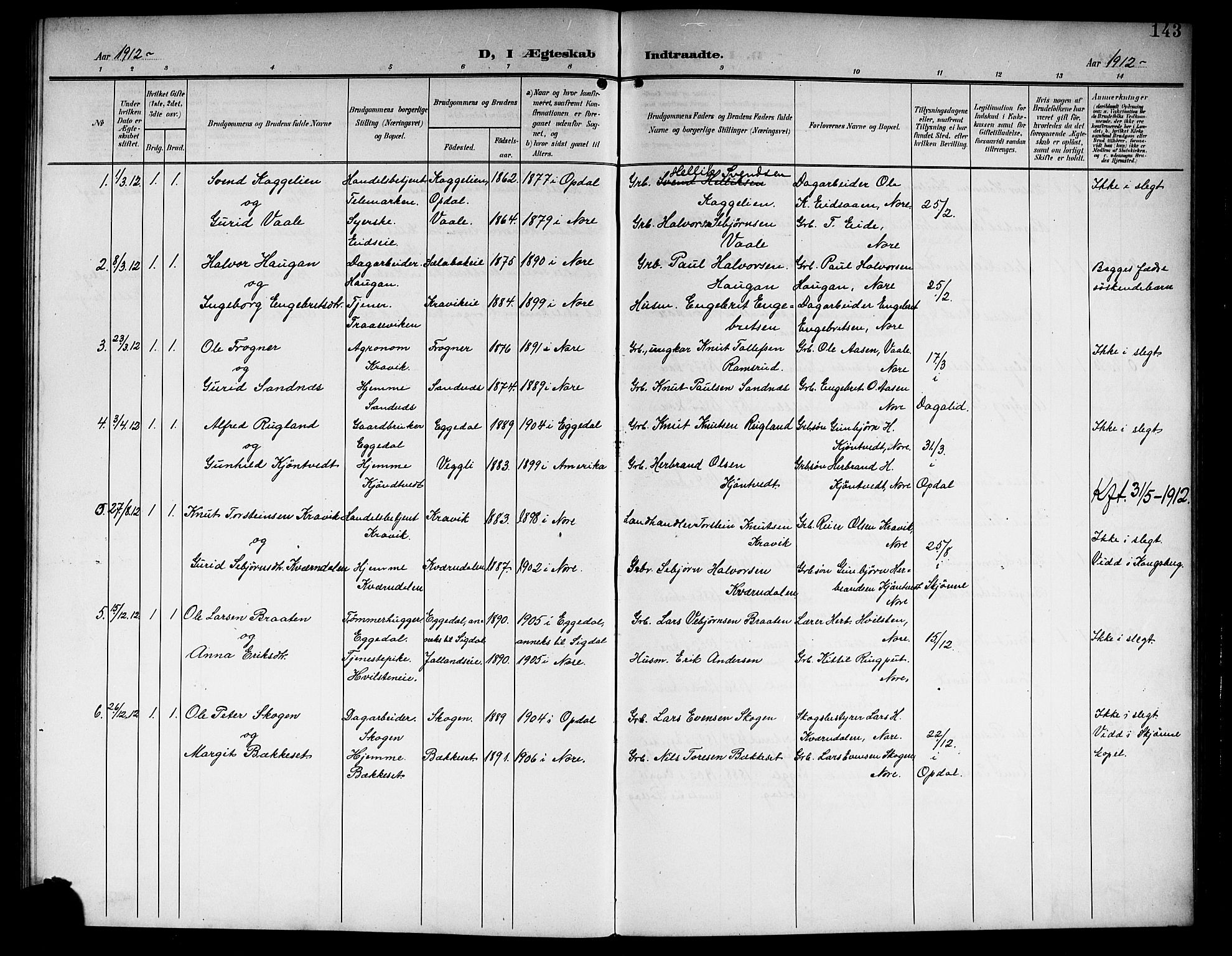 Nore kirkebøker, AV/SAKO-A-238/G/Ga/L0004: Parish register (copy) no. I 4, 1904-1919, p. 143
