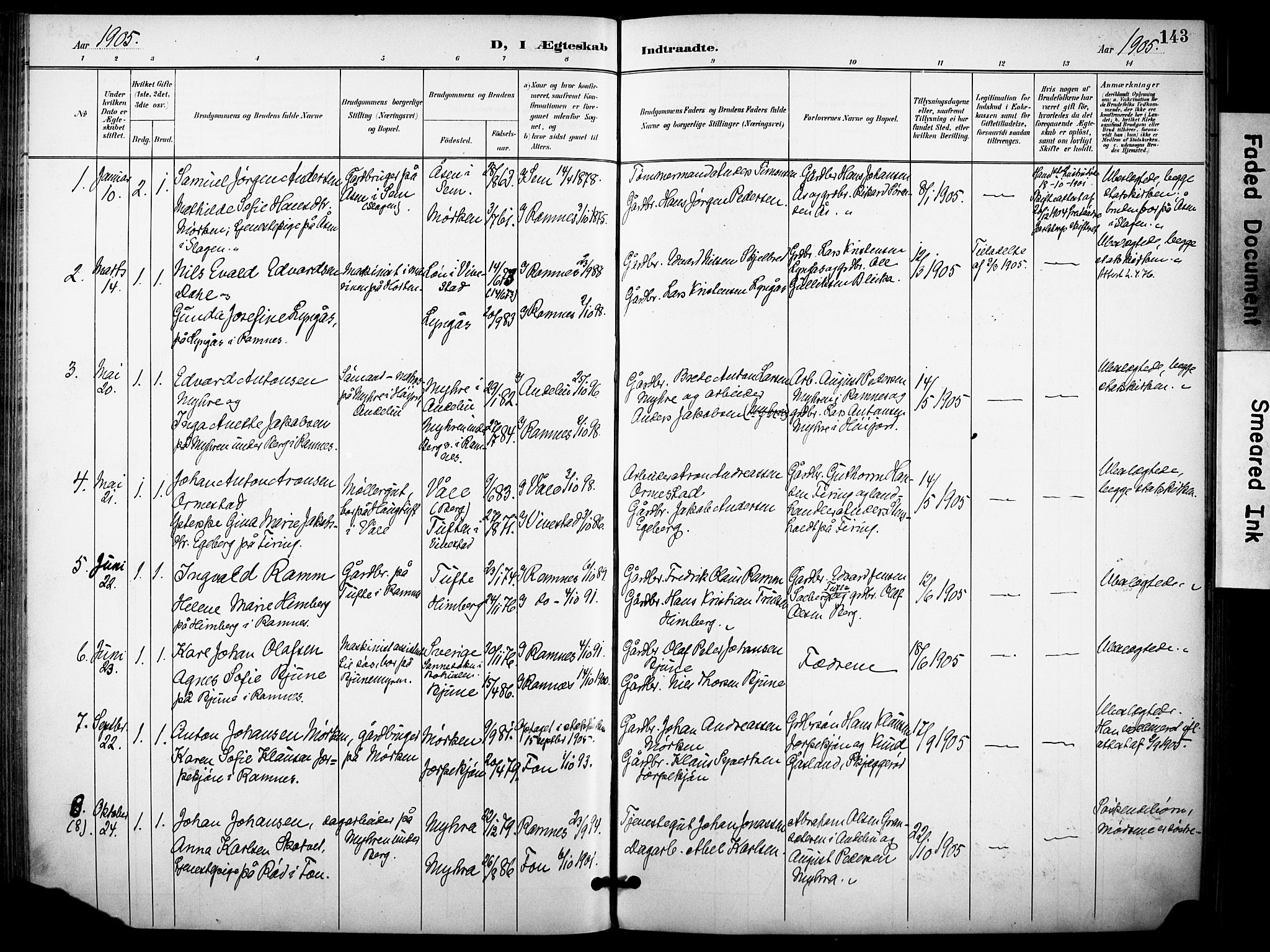 Ramnes kirkebøker, AV/SAKO-A-314/F/Fa/L0008: Parish register (official) no. I 8, 1896-1913, p. 143