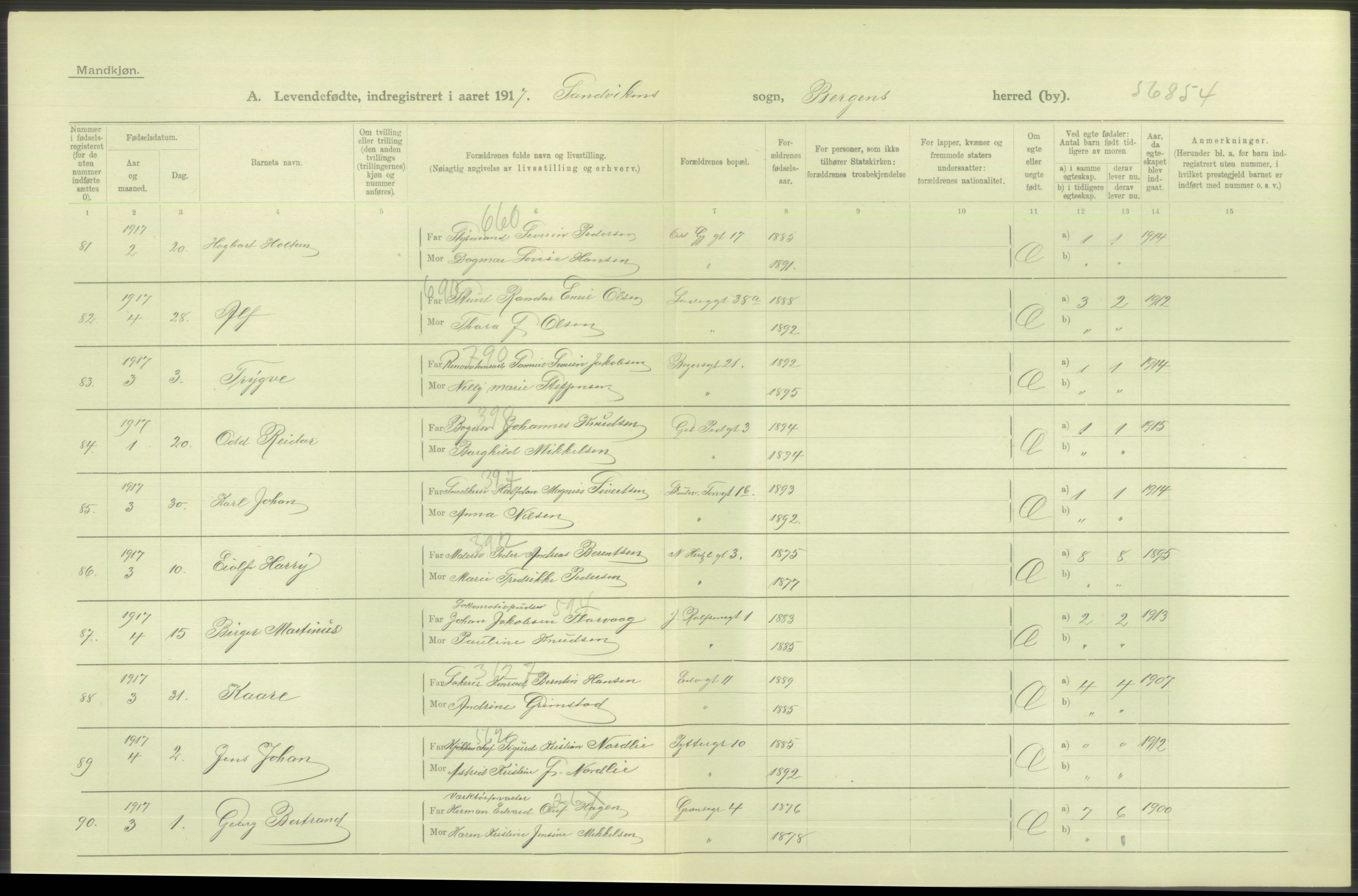 Statistisk sentralbyrå, Sosiodemografiske emner, Befolkning, AV/RA-S-2228/D/Df/Dfb/Dfbg/L0037: Bergen: Levendefødte menn og kvinner., 1917, p. 310