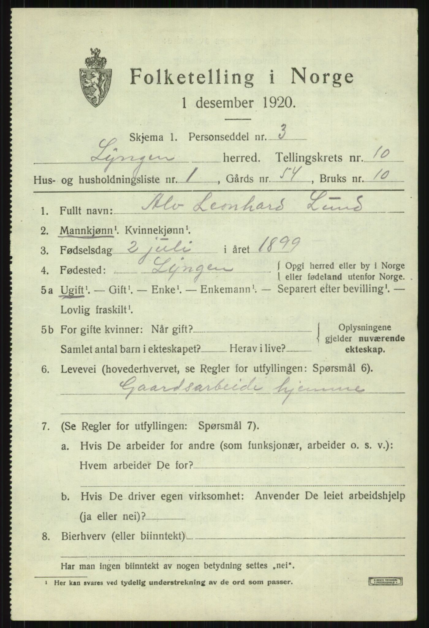 SATØ, 1920 census for Lyngen, 1920, p. 8101