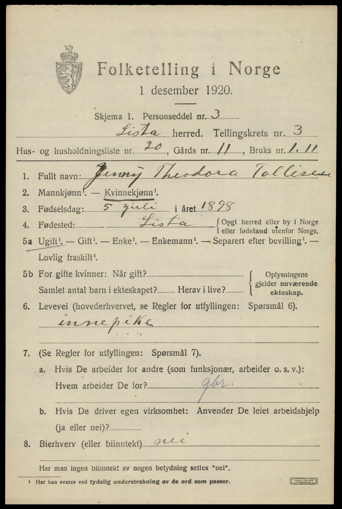 SAK, 1920 census for Lista, 1920, p. 4621