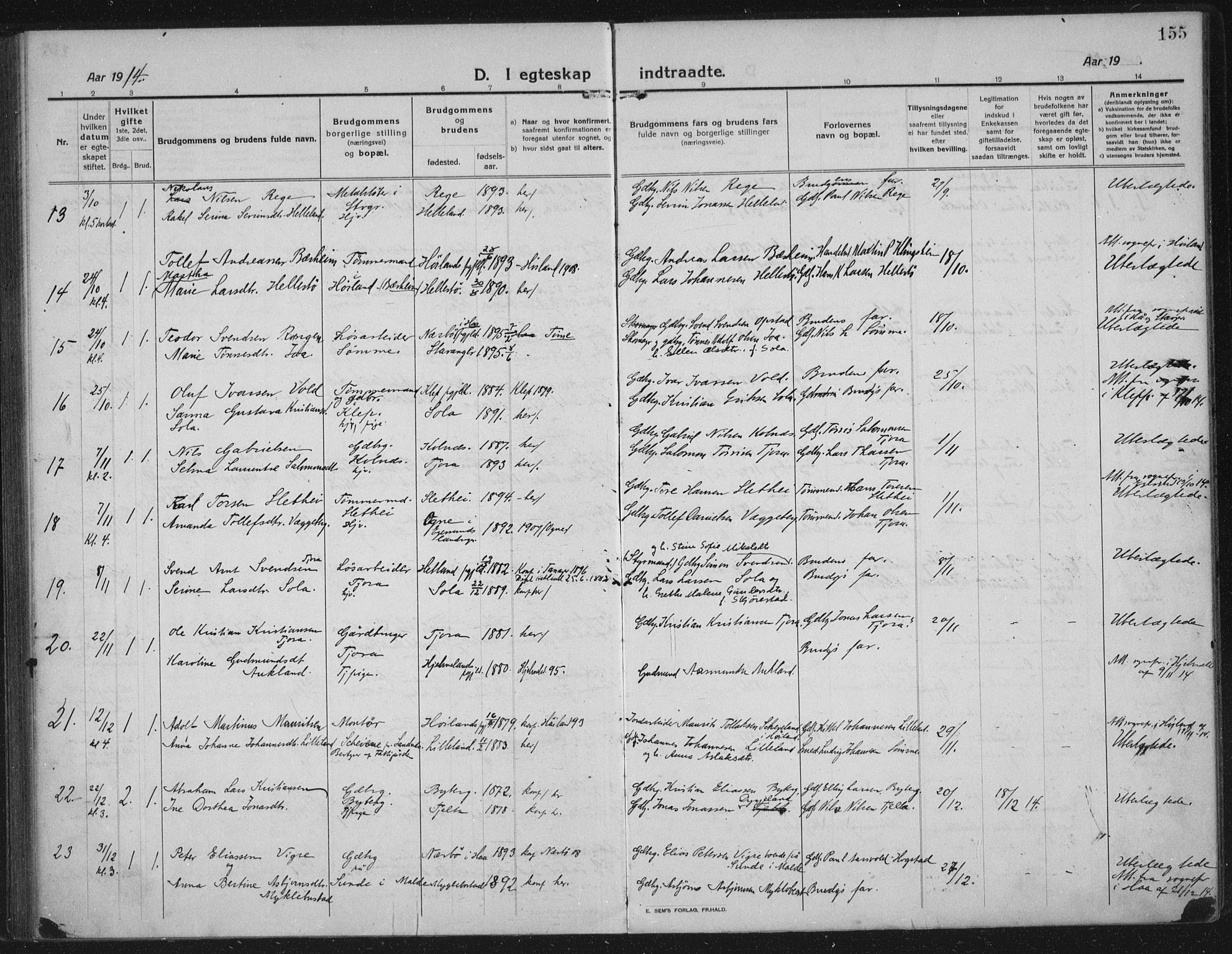 Håland sokneprestkontor, AV/SAST-A-101802/002/C/L0001: Parish register (official) no. A 14, 1913-1927, p. 155