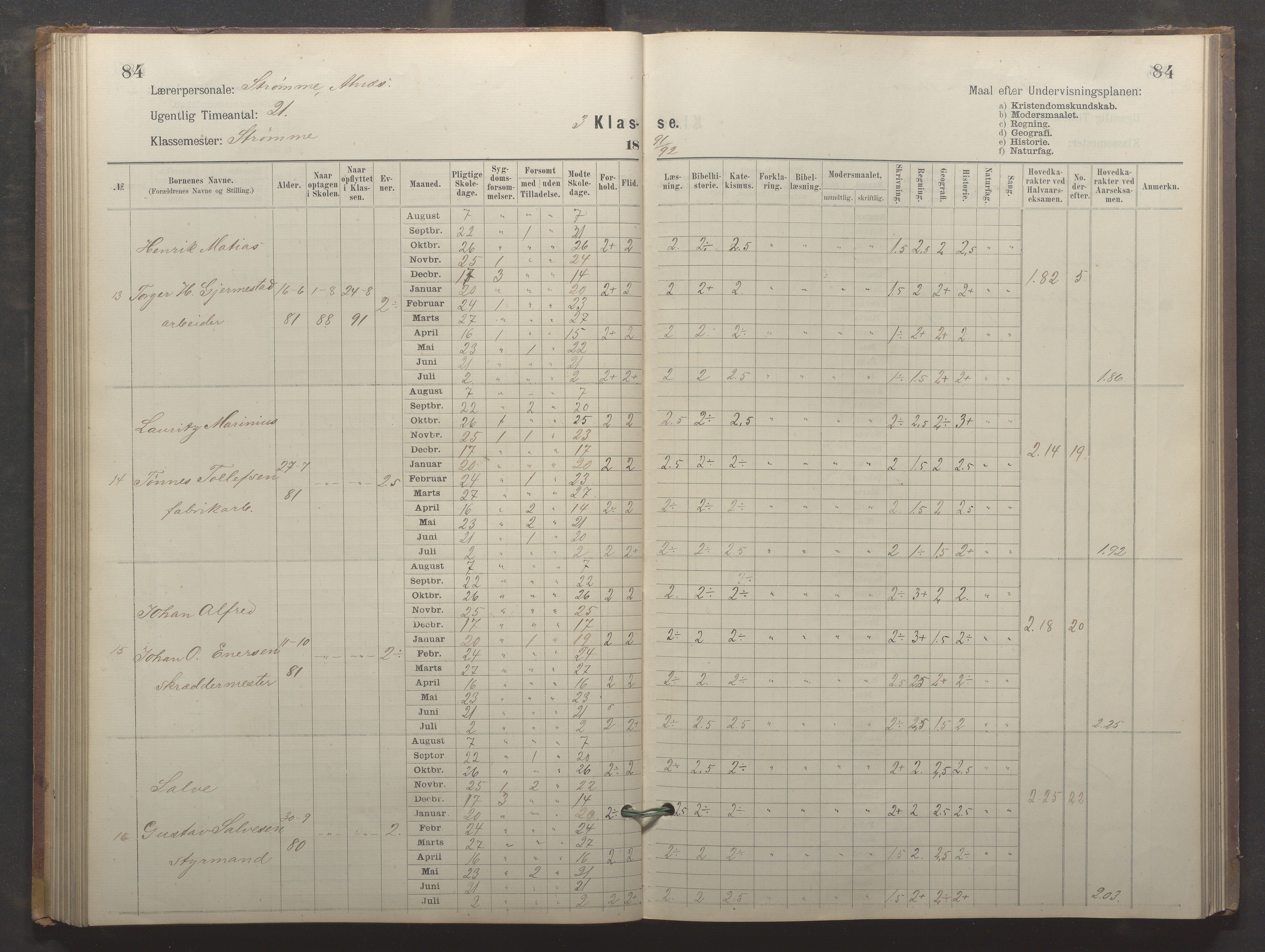 Egersund kommune (Ladested) - Egersund almueskole/folkeskole, IKAR/K-100521/H/L0024: Skoleprotokoll - Almueskolen, 3. klasse, 1887-1892, p. 84