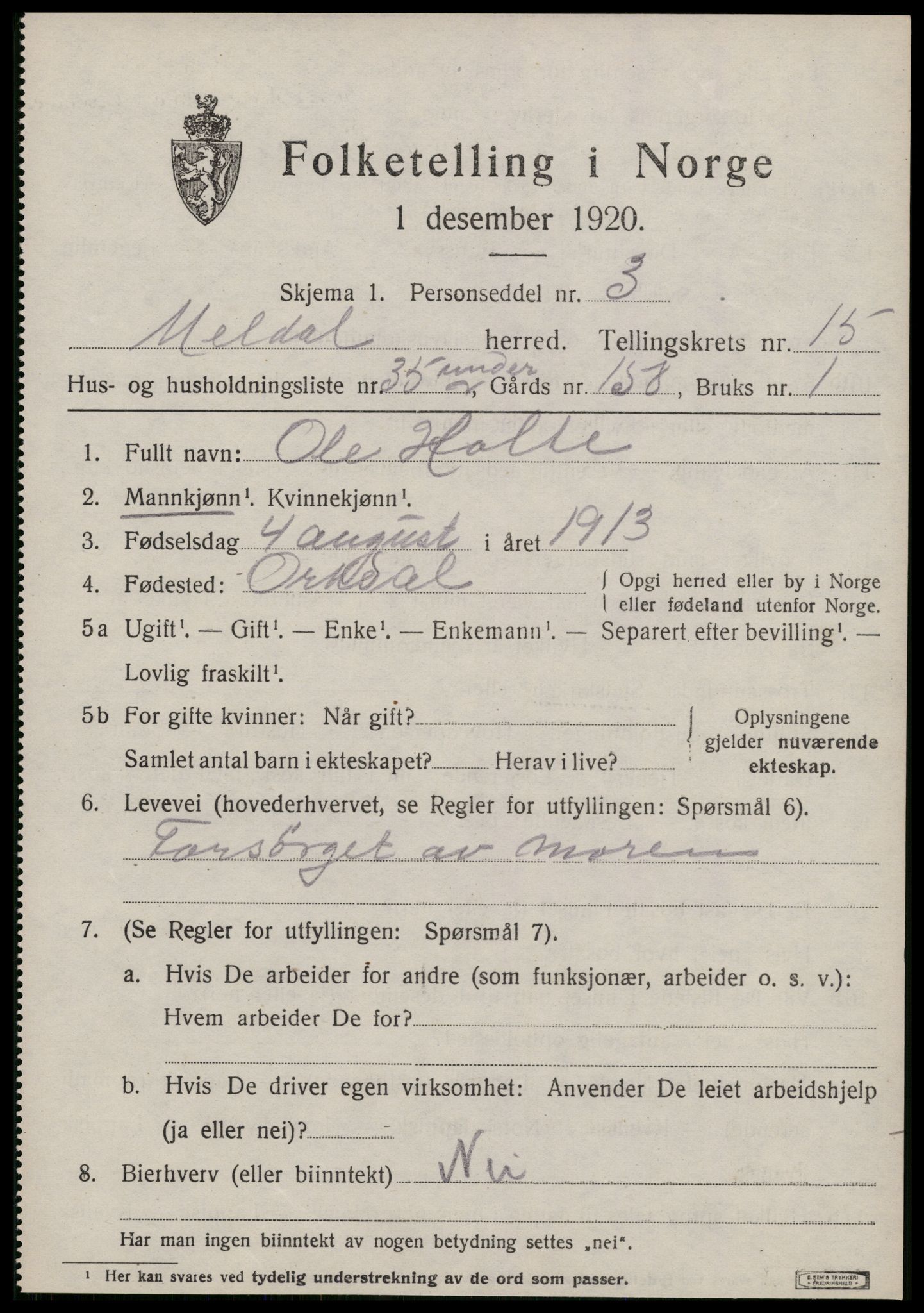 SAT, 1920 census for Meldal, 1920, p. 10825