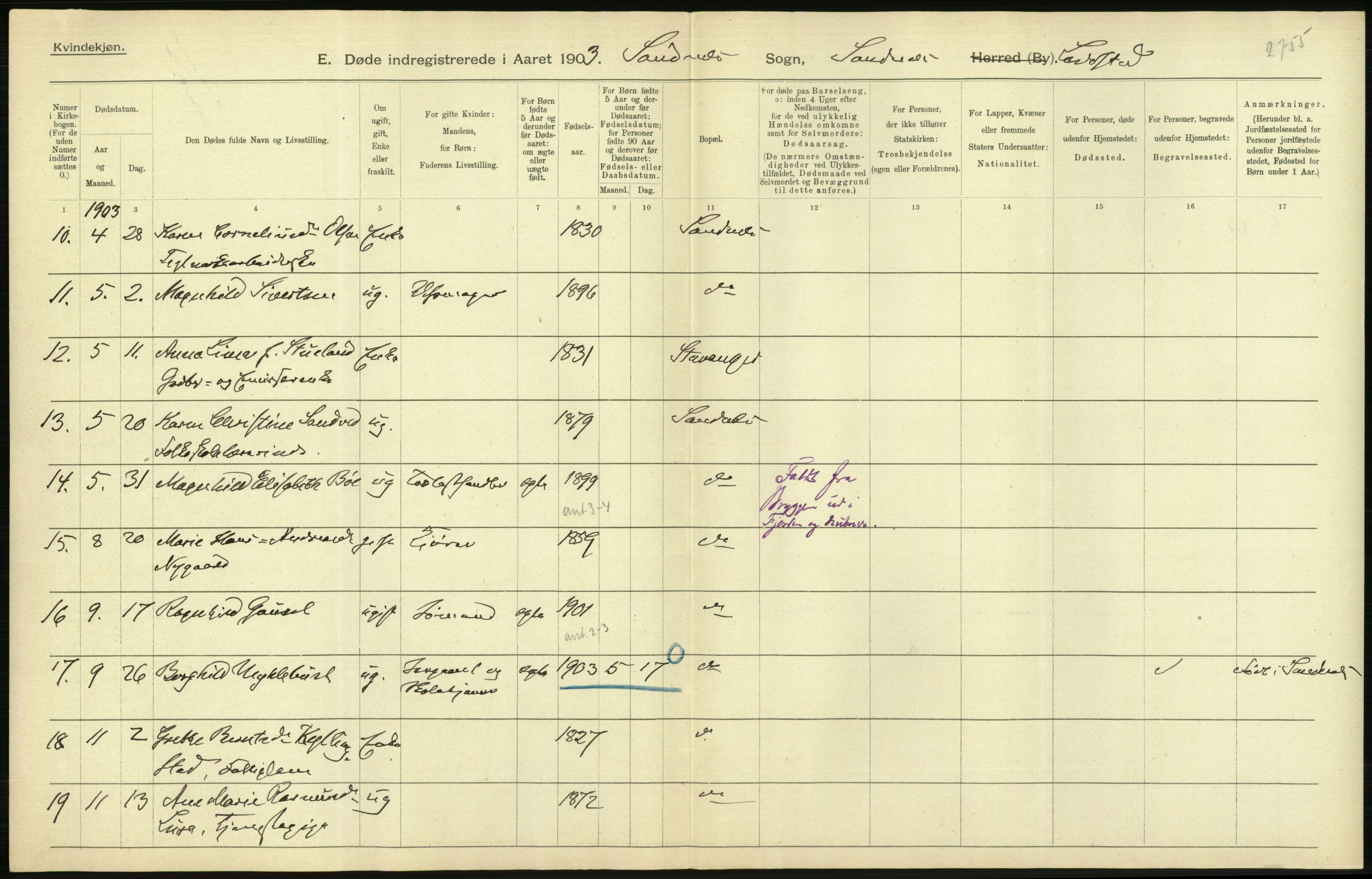 Statistisk sentralbyrå, Sosiodemografiske emner, Befolkning, AV/RA-S-2228/D/Df/Dfa/Dfaa/L0012: Stavanger amt: Fødte, gifte, døde, 1903, p. 826