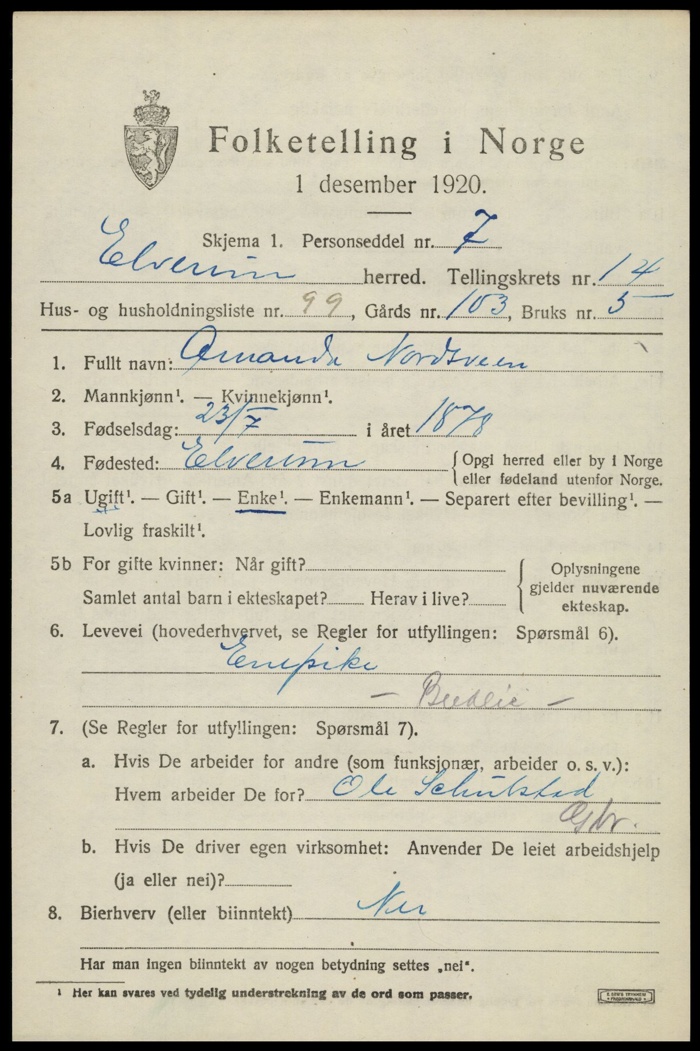 SAH, 1920 census for Elverum, 1920, p. 19262