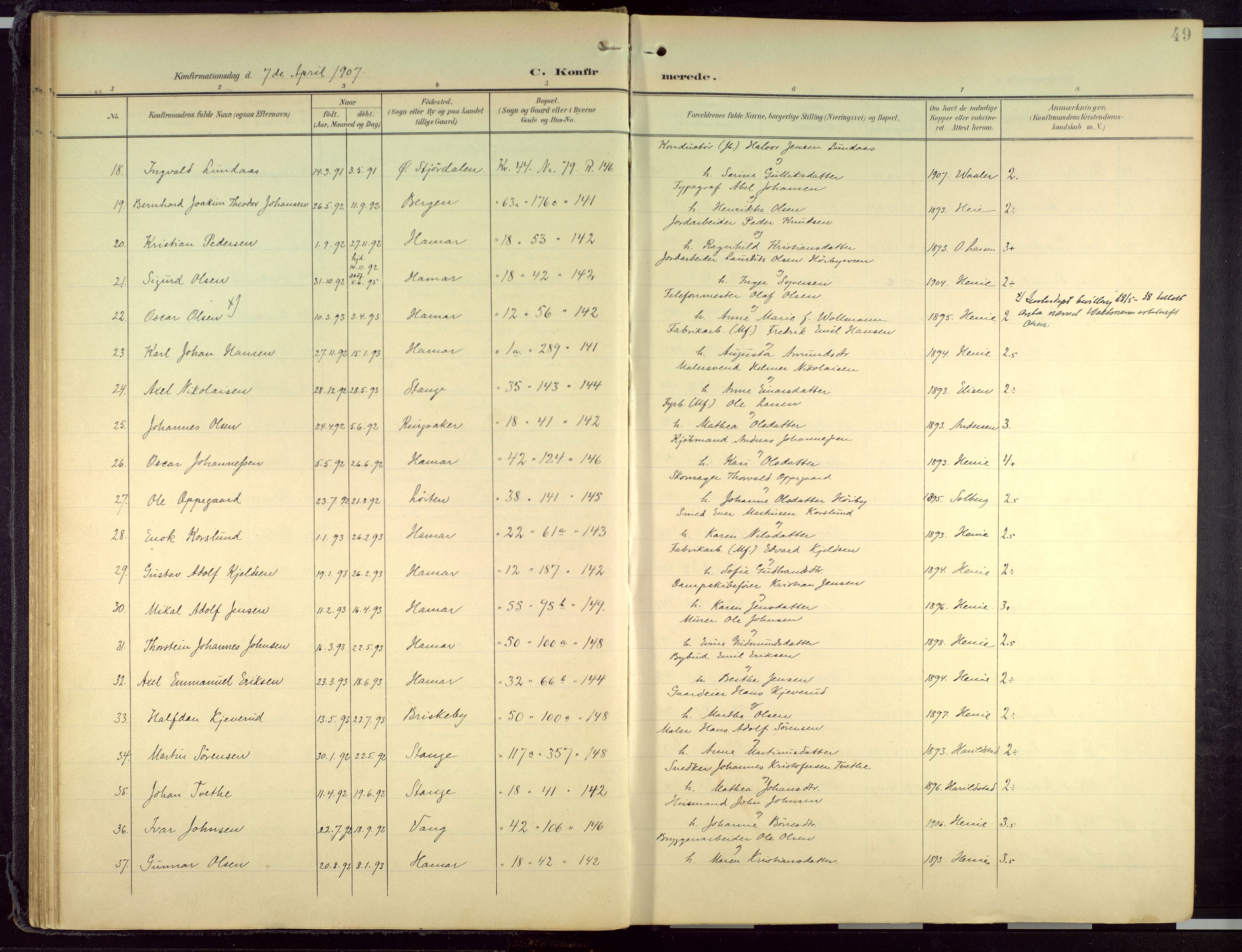 Hamar prestekontor, AV/SAH-DOMPH-002/H/Ha/Haa/L0004: Parish register (official) no. 4, 1899-1973, p. 49