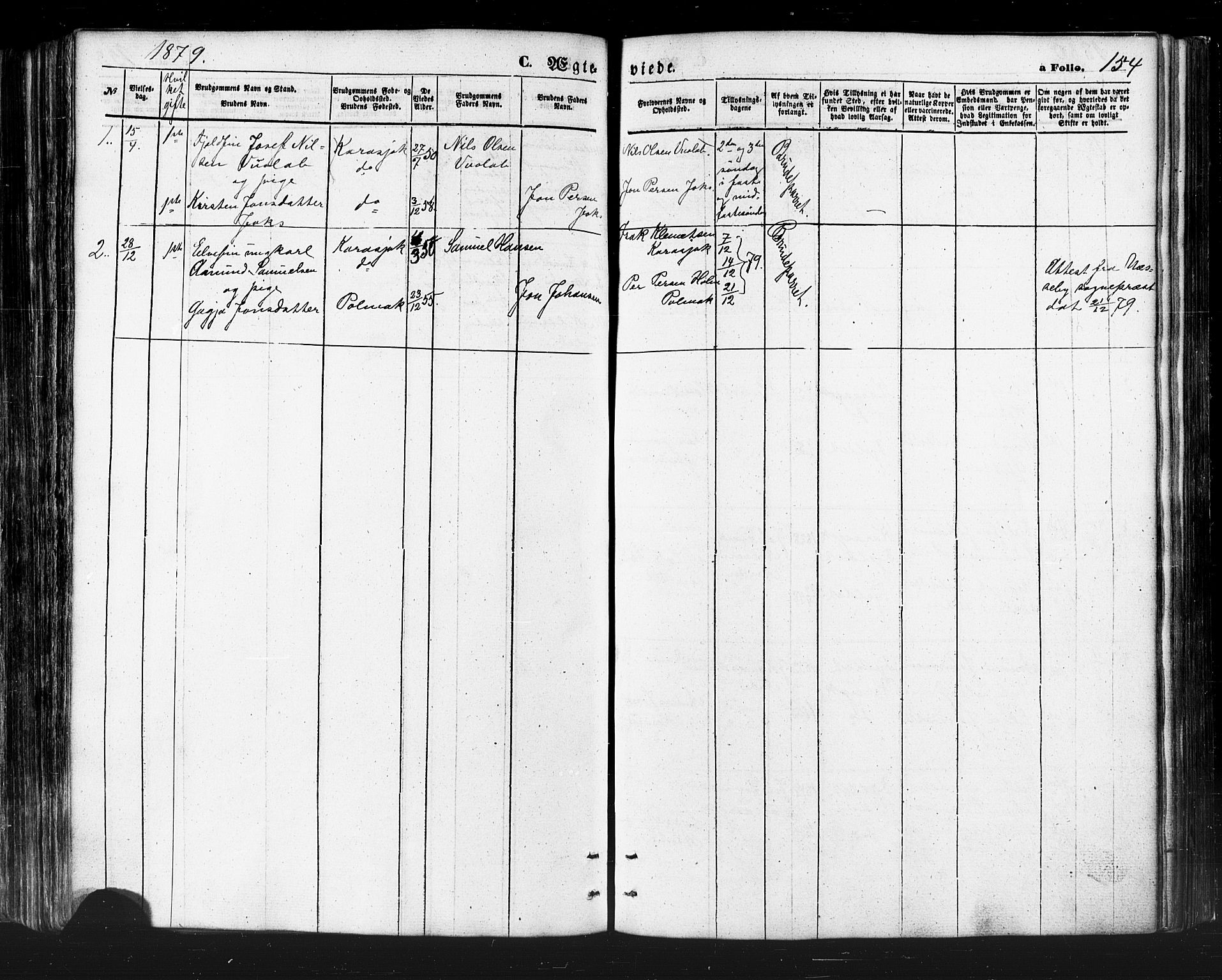 Karasjok sokneprestkontor, SATØ/S-1352/H/Ha/L0001kirke: Parish register (official) no. 1, 1872-1884, p. 154