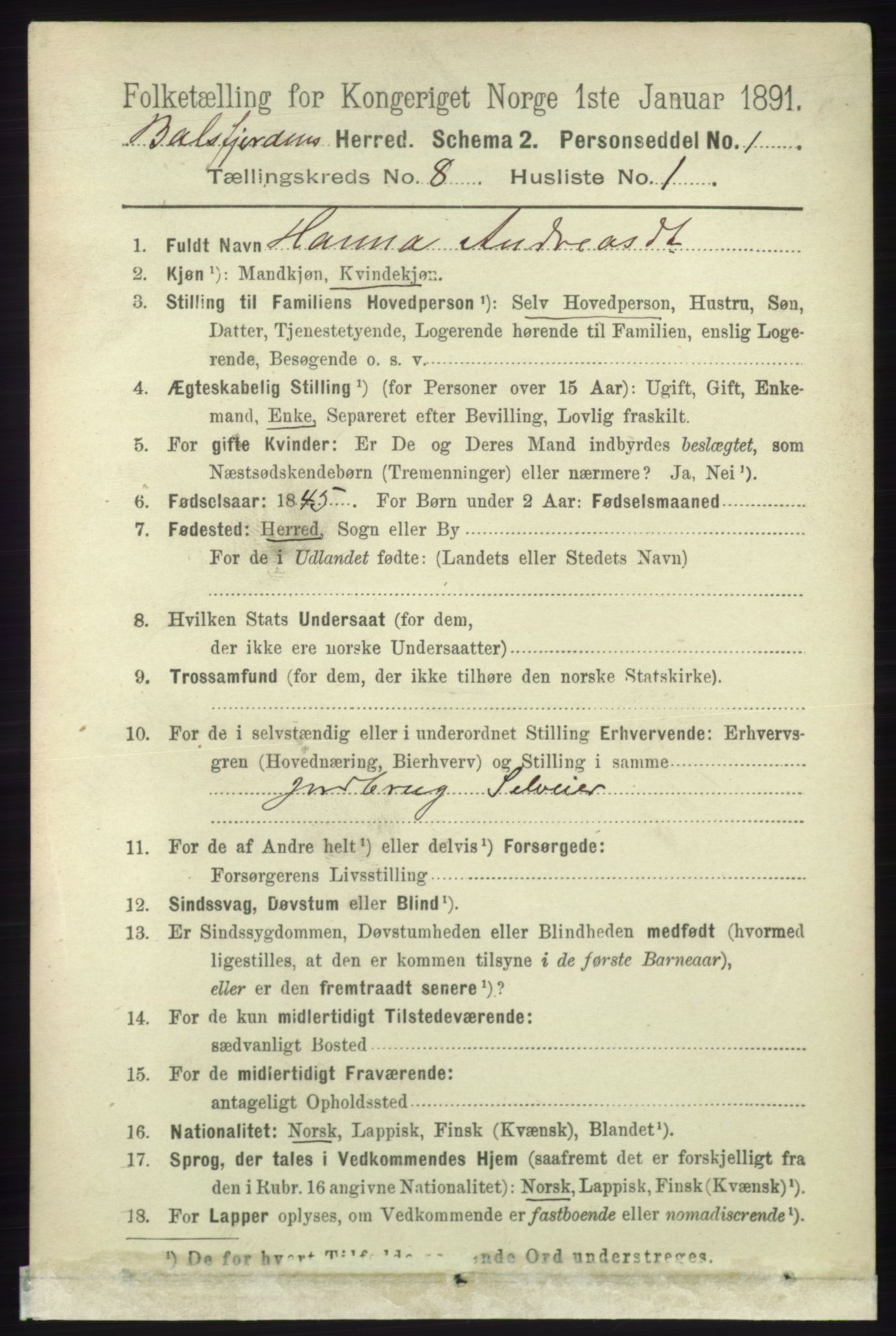 RA, 1891 census for 1933 Balsfjord, 1891, p. 2458