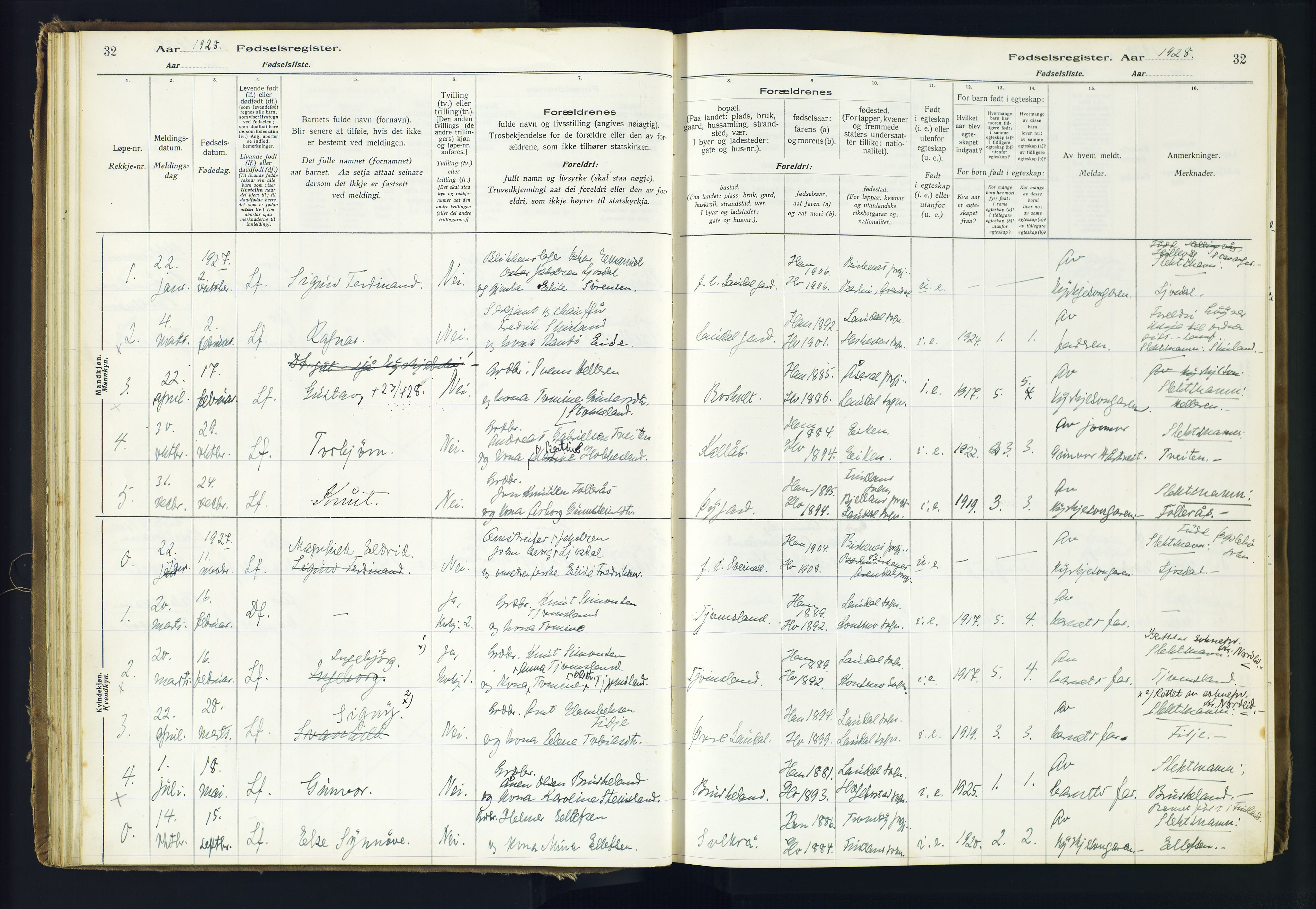 Holum sokneprestkontor, AV/SAK-1111-0022/J/Ja/L0001: Birth register no. II.6.10, 1916-1982, p. 32