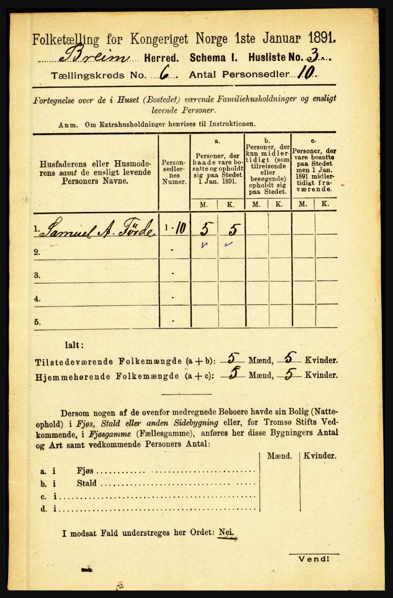 RA, 1891 census for 1446 Breim, 1891, p. 2053