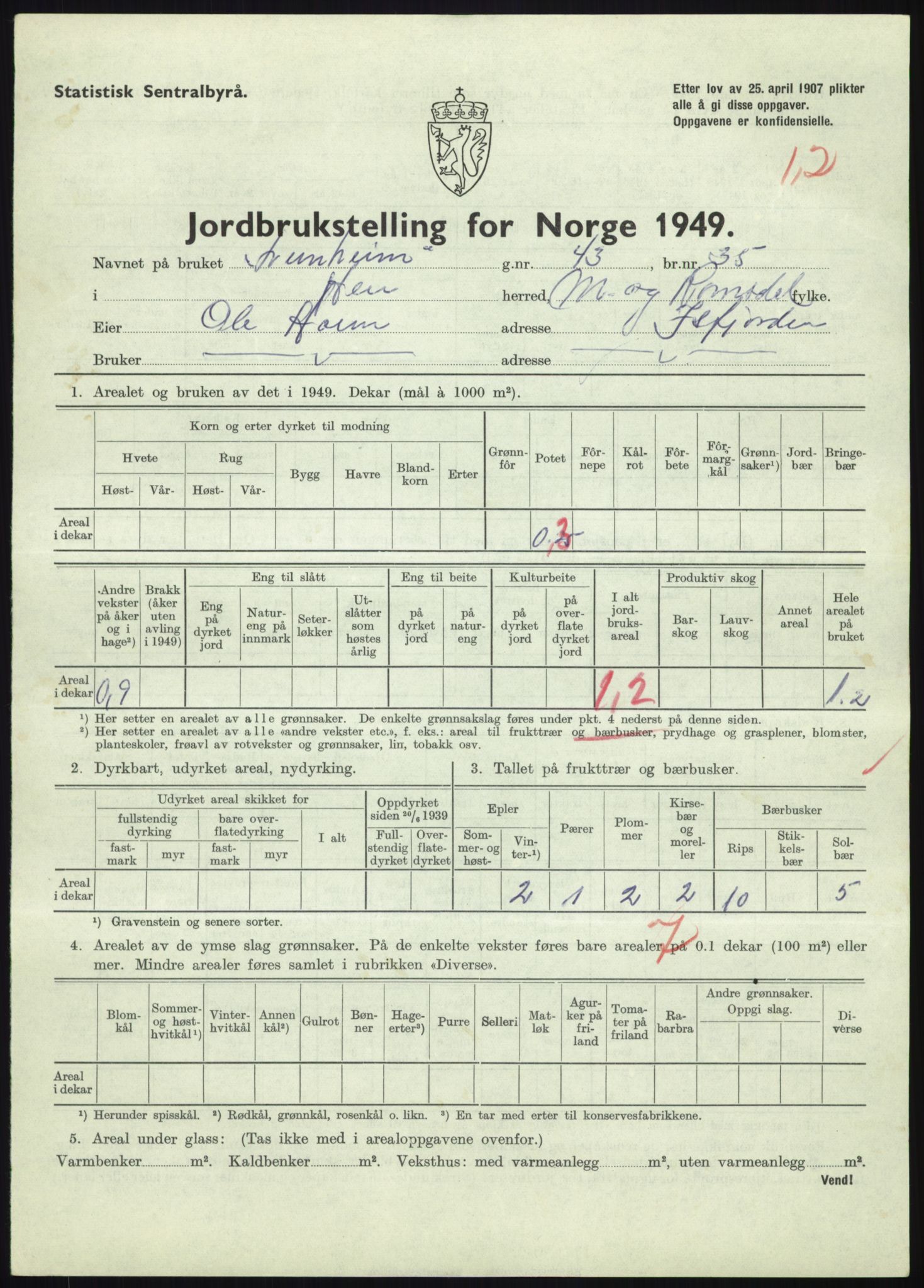 Statistisk sentralbyrå, Næringsøkonomiske emner, Jordbruk, skogbruk, jakt, fiske og fangst, AV/RA-S-2234/G/Gc/L0323: Møre og Romsdal: Grytten og Hen, 1949, p. 397