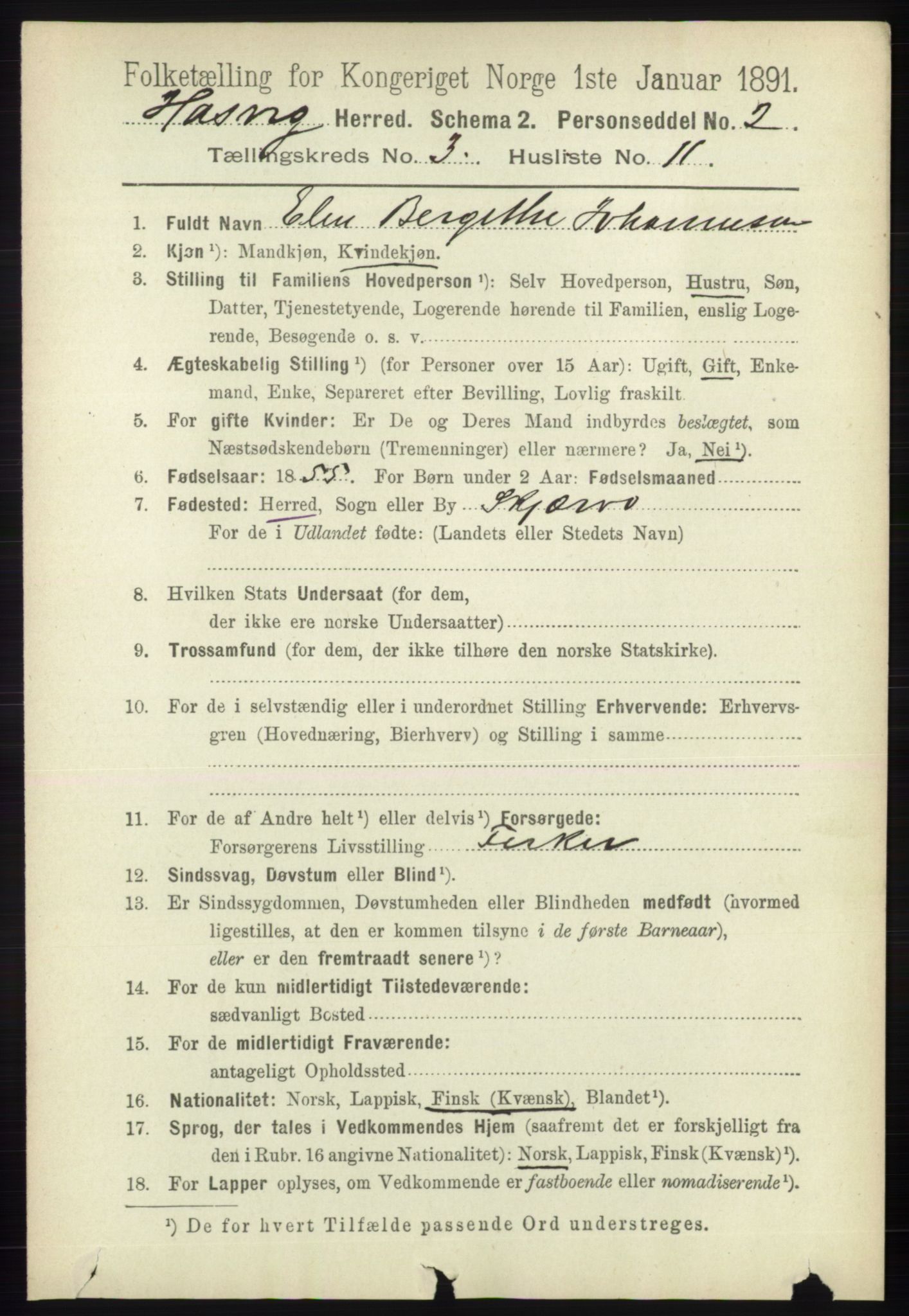 RA, 1891 census for 2015 Hasvik, 1891, p. 461