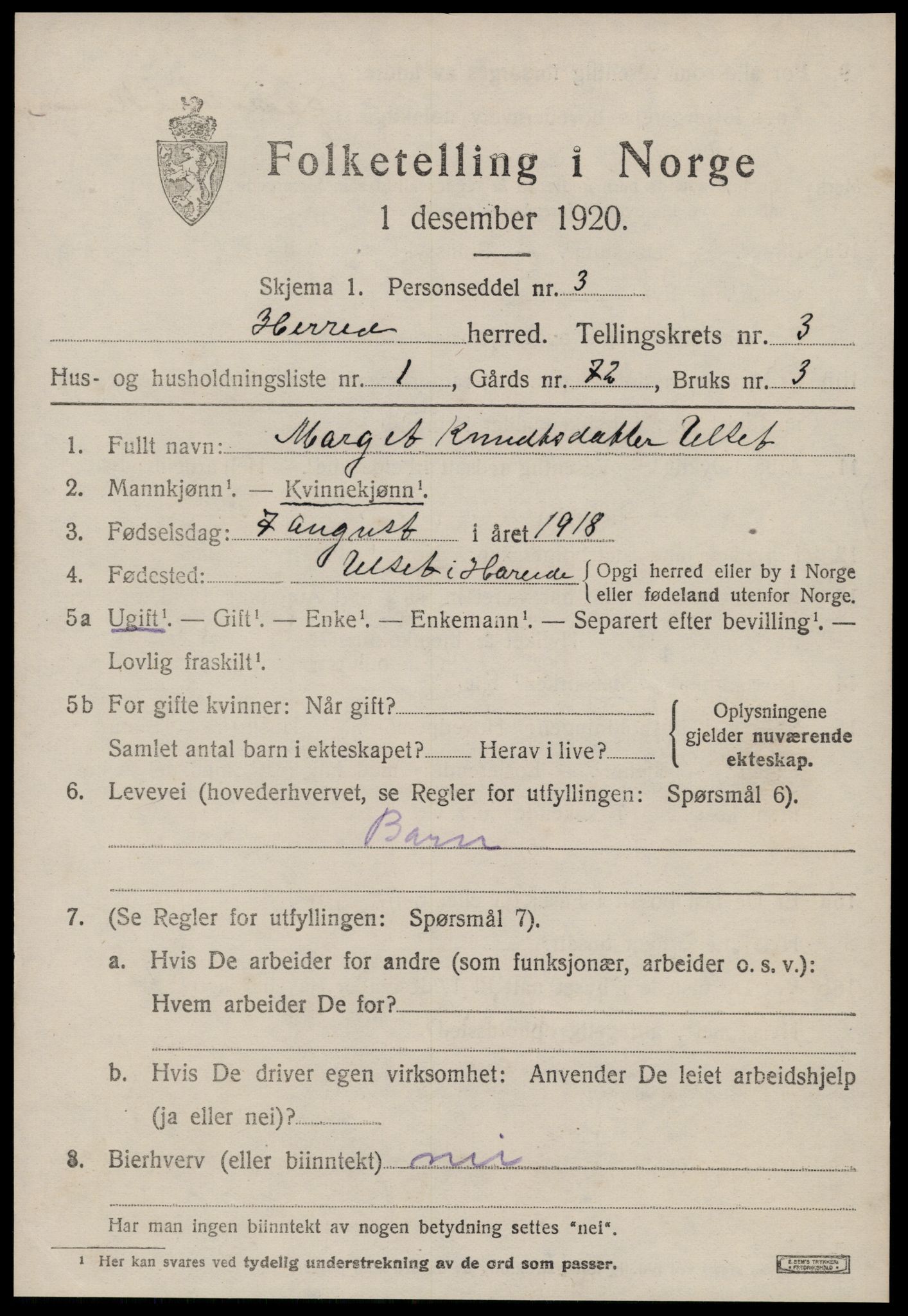 SAT, 1920 census for Hareid, 1920, p. 1391