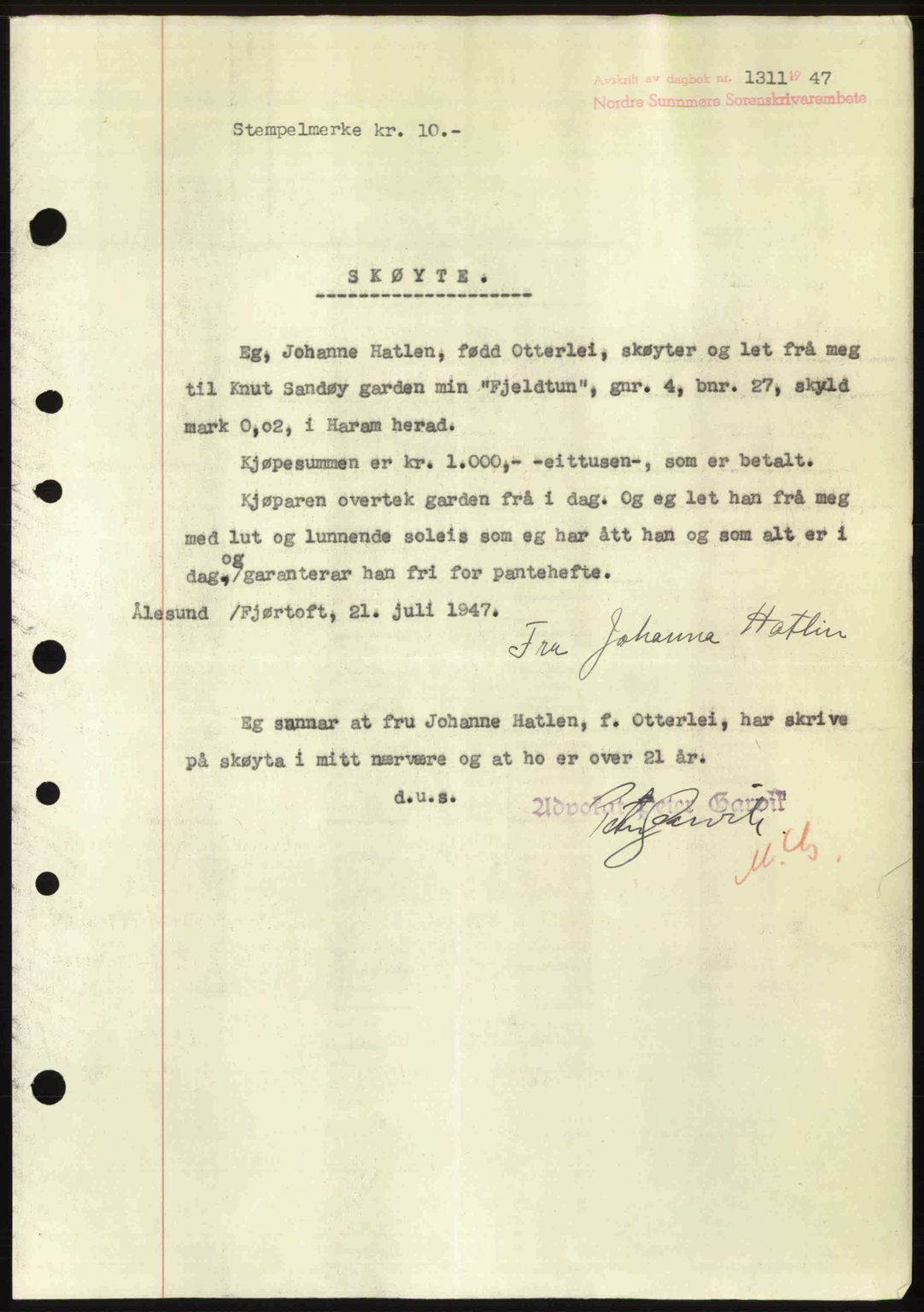 Nordre Sunnmøre sorenskriveri, AV/SAT-A-0006/1/2/2C/2Ca: Mortgage book no. A25, 1947-1947, Diary no: : 1311/1947