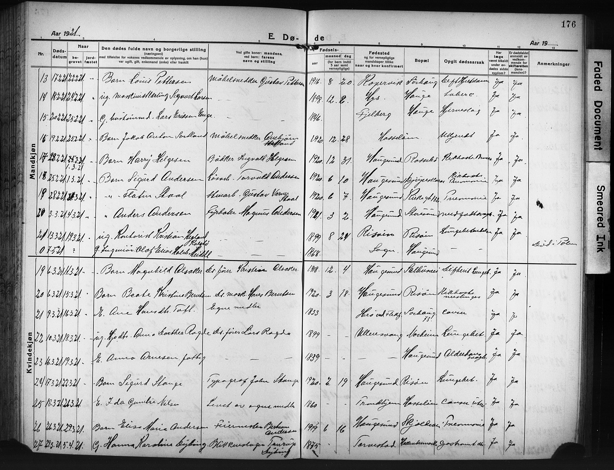 Haugesund sokneprestkontor, AV/SAST-A -101863/H/Ha/Hab/L0010: Parish register (copy) no. B 10, 1920-1931, p. 176