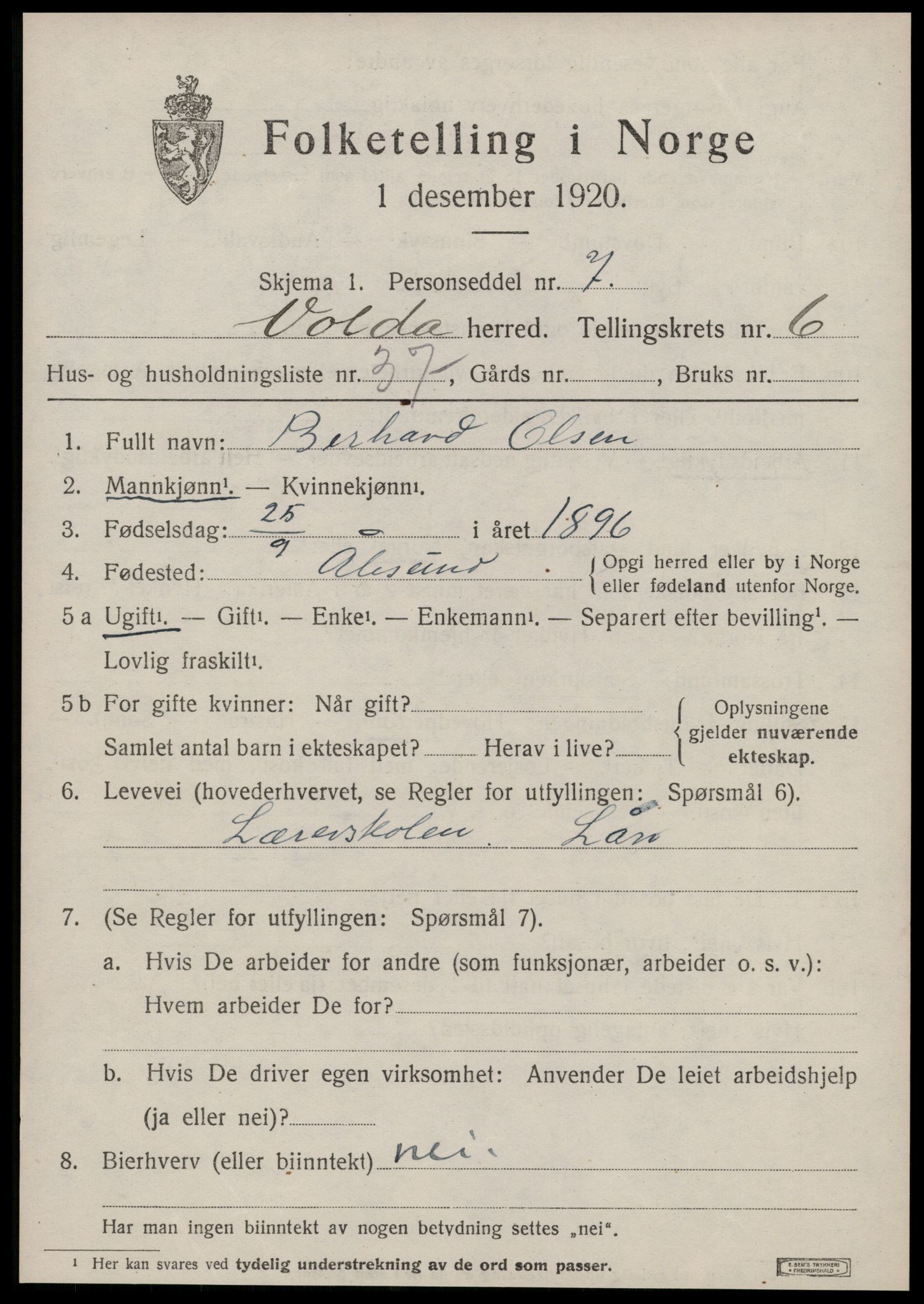 SAT, 1920 census for Volda, 1920, p. 5648