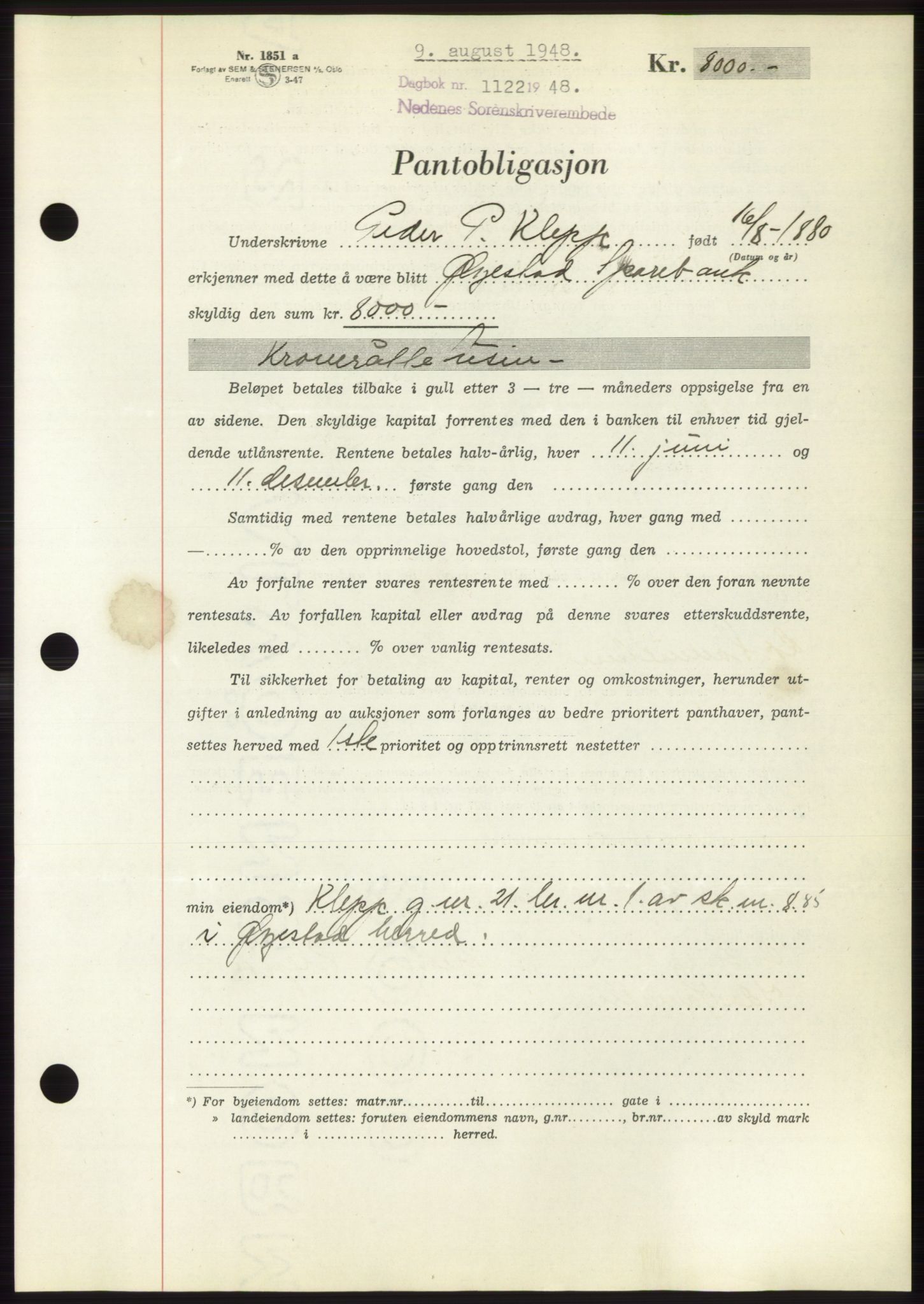 Nedenes sorenskriveri, AV/SAK-1221-0006/G/Gb/Gbb/L0005: Mortgage book no. B5, 1948-1948, Diary no: : 1122/1948