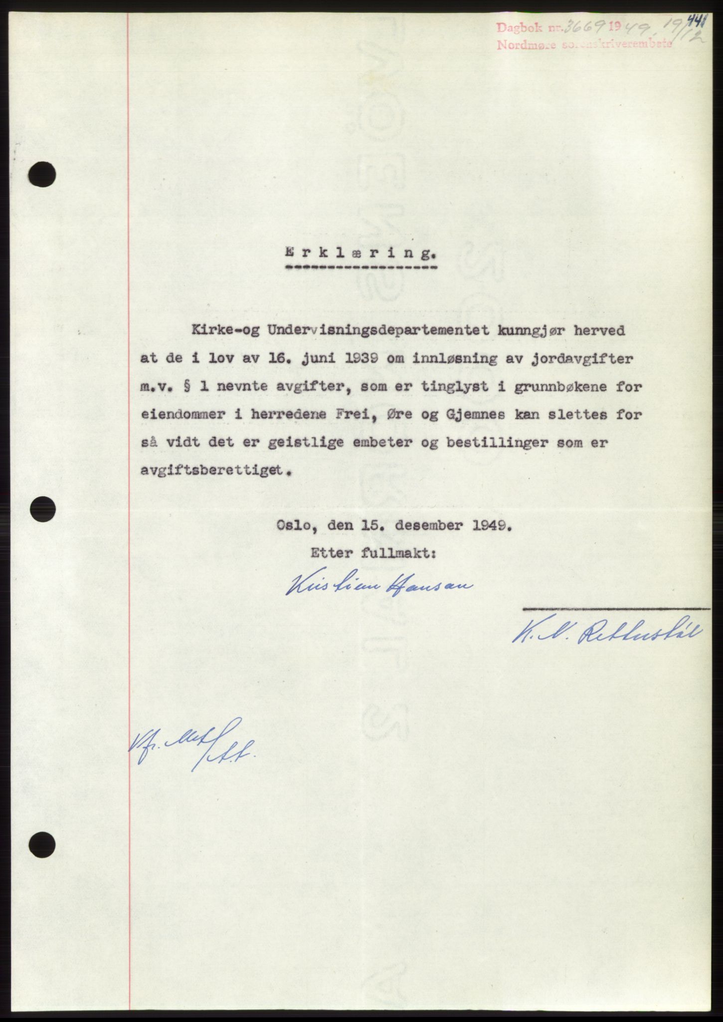 Nordmøre sorenskriveri, SAT/A-4132/1/2/2Ca: Mortgage book no. B103, 1949-1950, Diary no: : 3669/1949