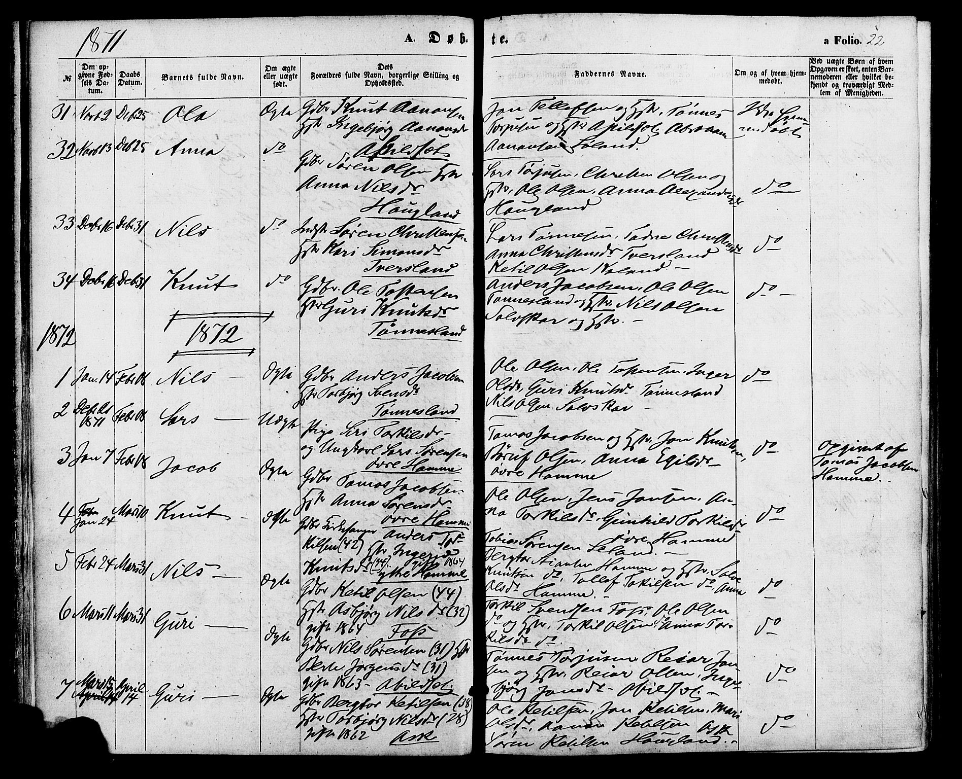 Bjelland sokneprestkontor, SAK/1111-0005/F/Fa/Faa/L0003: Parish register (official) no. A 3, 1867-1887, p. 22