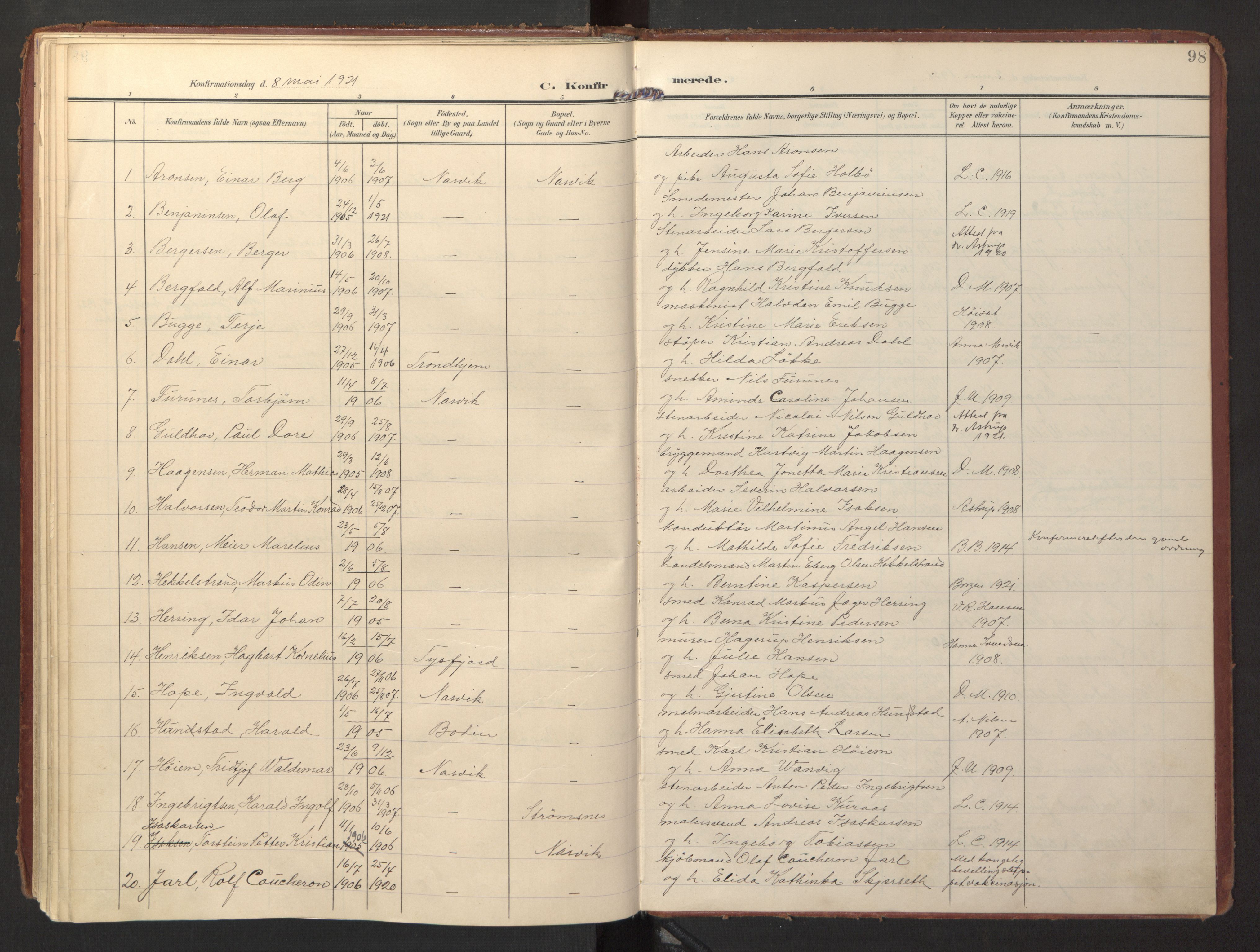 Ministerialprotokoller, klokkerbøker og fødselsregistre - Nordland, SAT/A-1459/871/L0998: Parish register (official) no. 871A14, 1902-1921, p. 98
