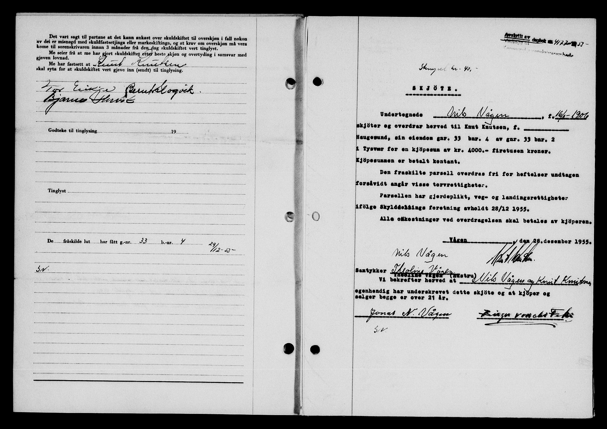 Karmsund sorenskriveri, SAST/A-100311/01/II/IIB/L0118: Mortgage book no. 98A, 1955-1956, Diary no: : 4177/1955