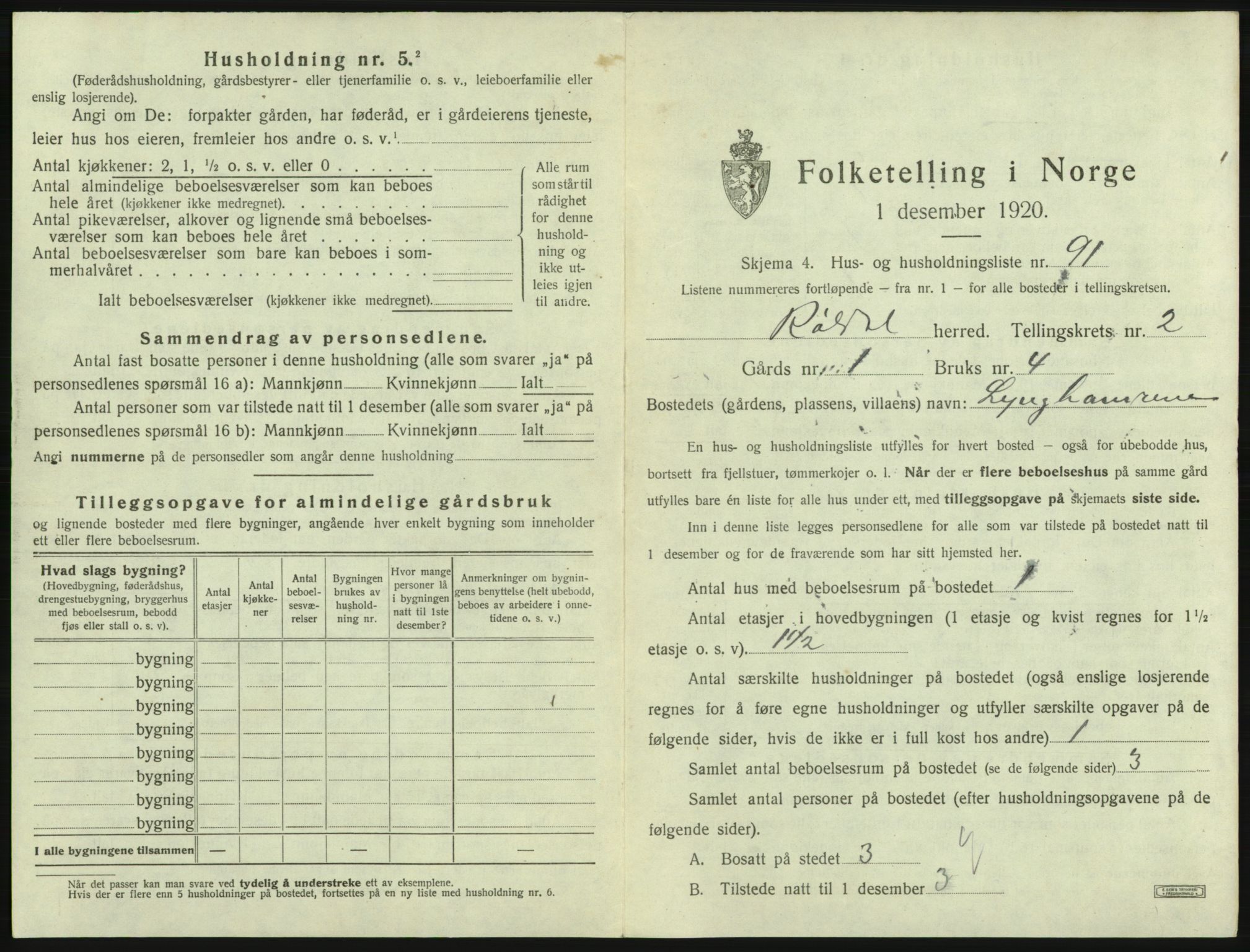 SAB, 1920 census for Røldal, 1920, p. 276