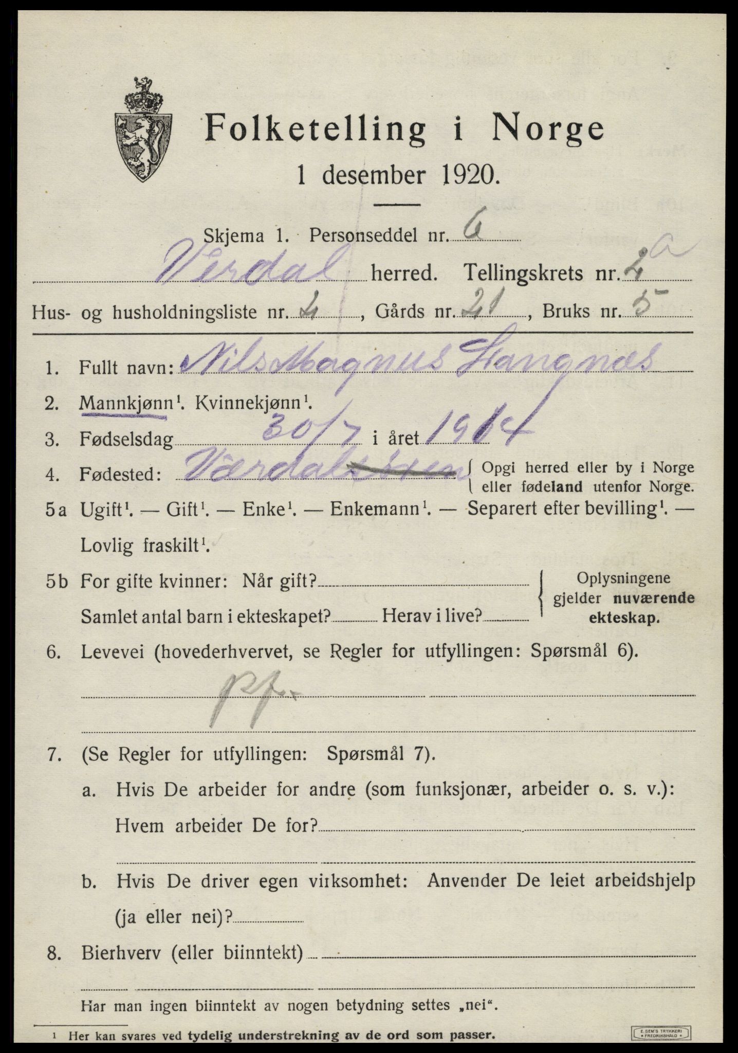 SAT, 1920 census for Verdal, 1920, p. 3741