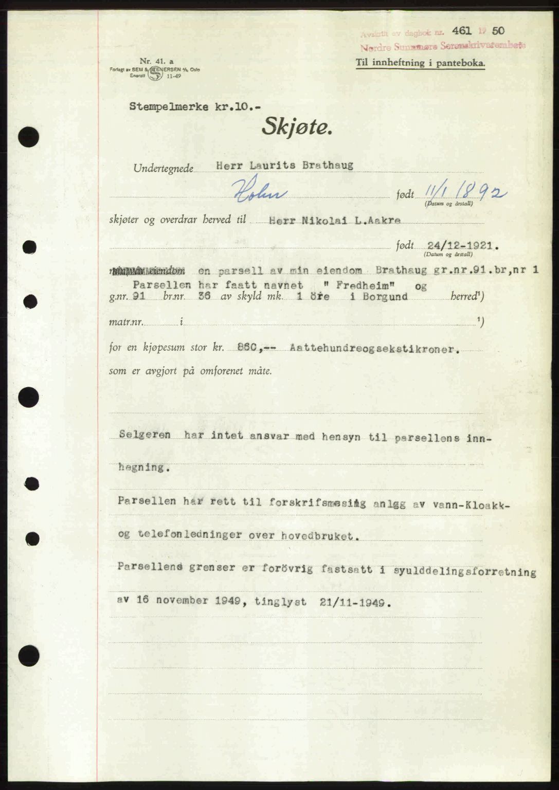 Nordre Sunnmøre sorenskriveri, AV/SAT-A-0006/1/2/2C/2Ca: Mortgage book no. A33, 1949-1950, Diary no: : 461/1950