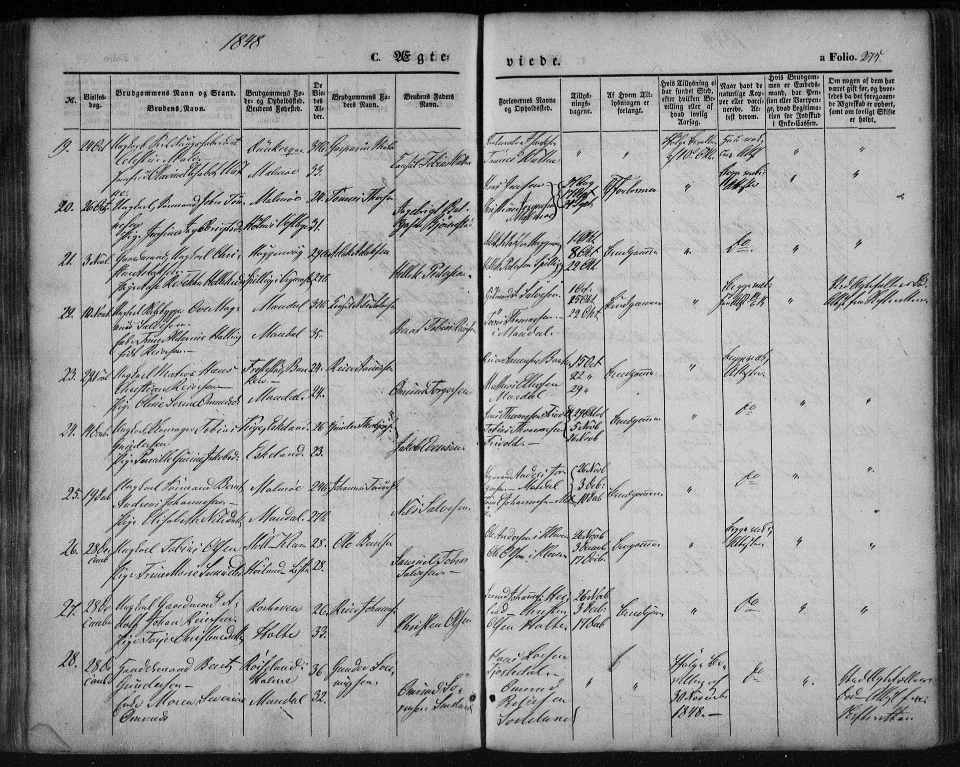 Mandal sokneprestkontor, AV/SAK-1111-0030/F/Fa/Faa/L0013: Parish register (official) no. A 13, 1847-1859, p. 275