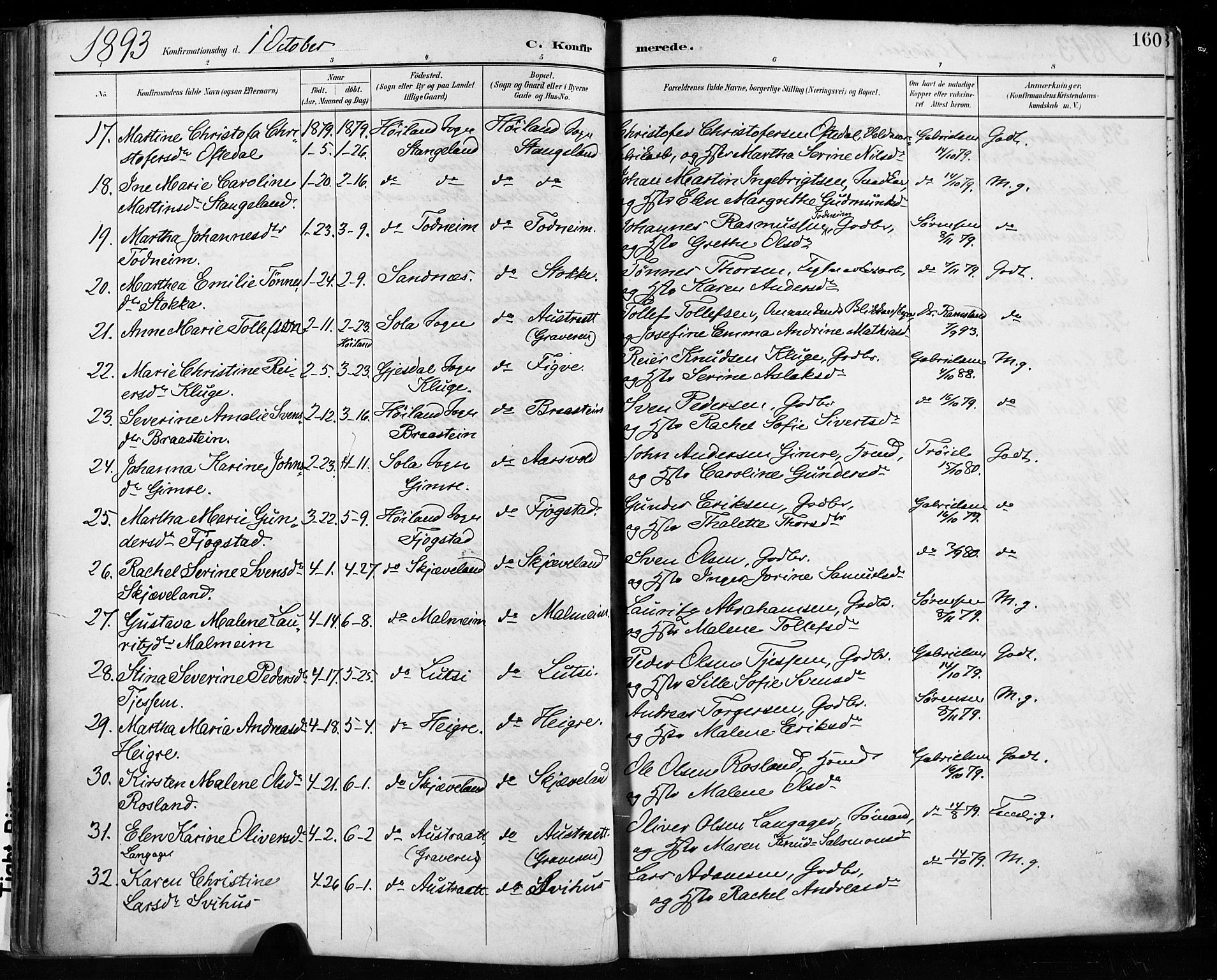 Høyland sokneprestkontor, SAST/A-101799/001/30BA/L0013: Parish register (official) no. A 13.1, 1889-1898, p. 160