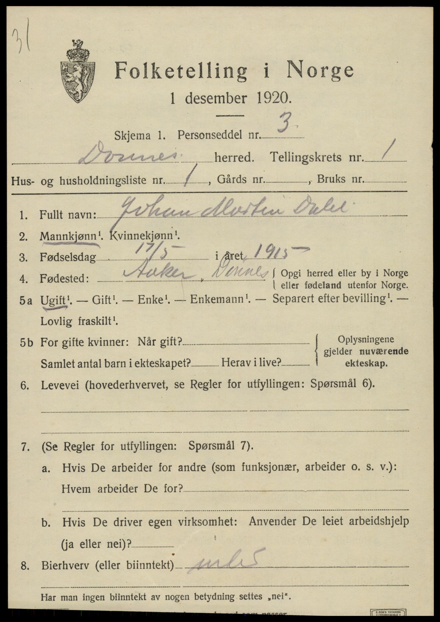 SAT, 1920 census for Dønnes, 1920, p. 574