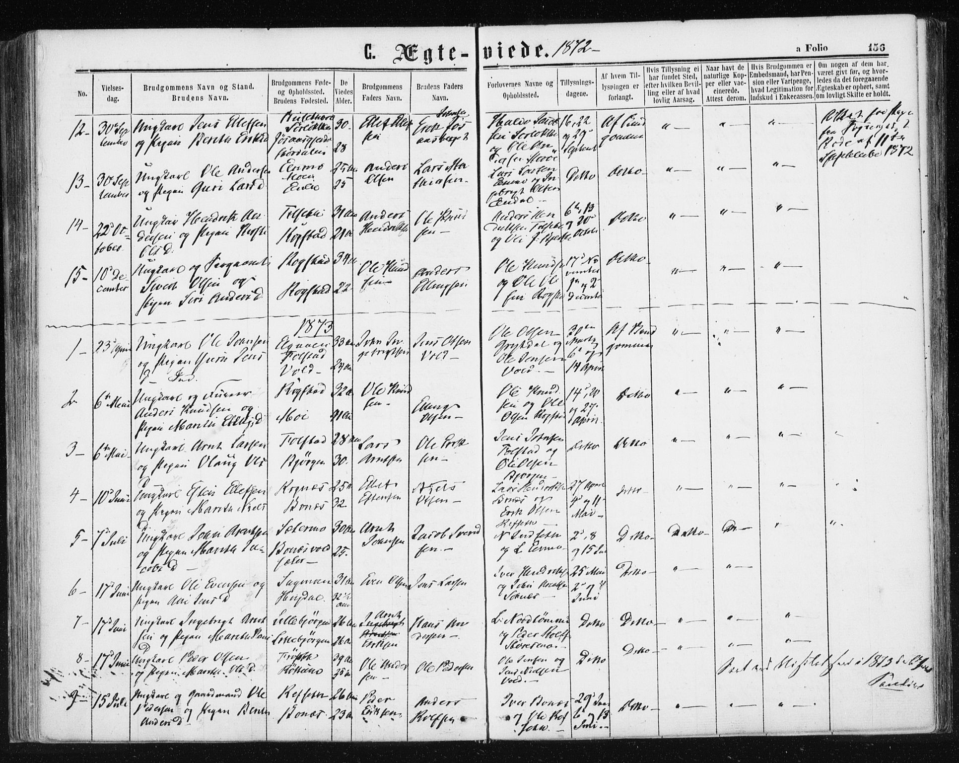 Ministerialprotokoller, klokkerbøker og fødselsregistre - Sør-Trøndelag, SAT/A-1456/687/L1001: Parish register (official) no. 687A07, 1863-1878, p. 156