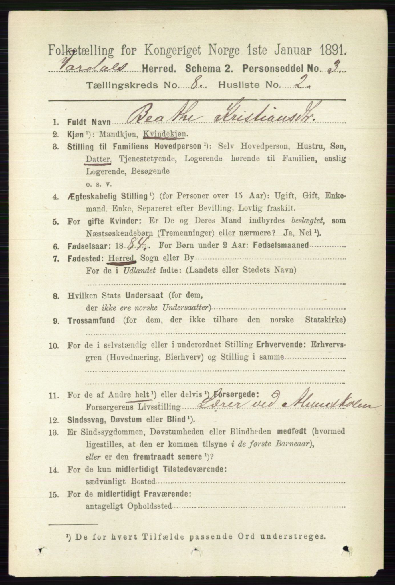 RA, 1891 census for 0527 Vardal, 1891, p. 3697