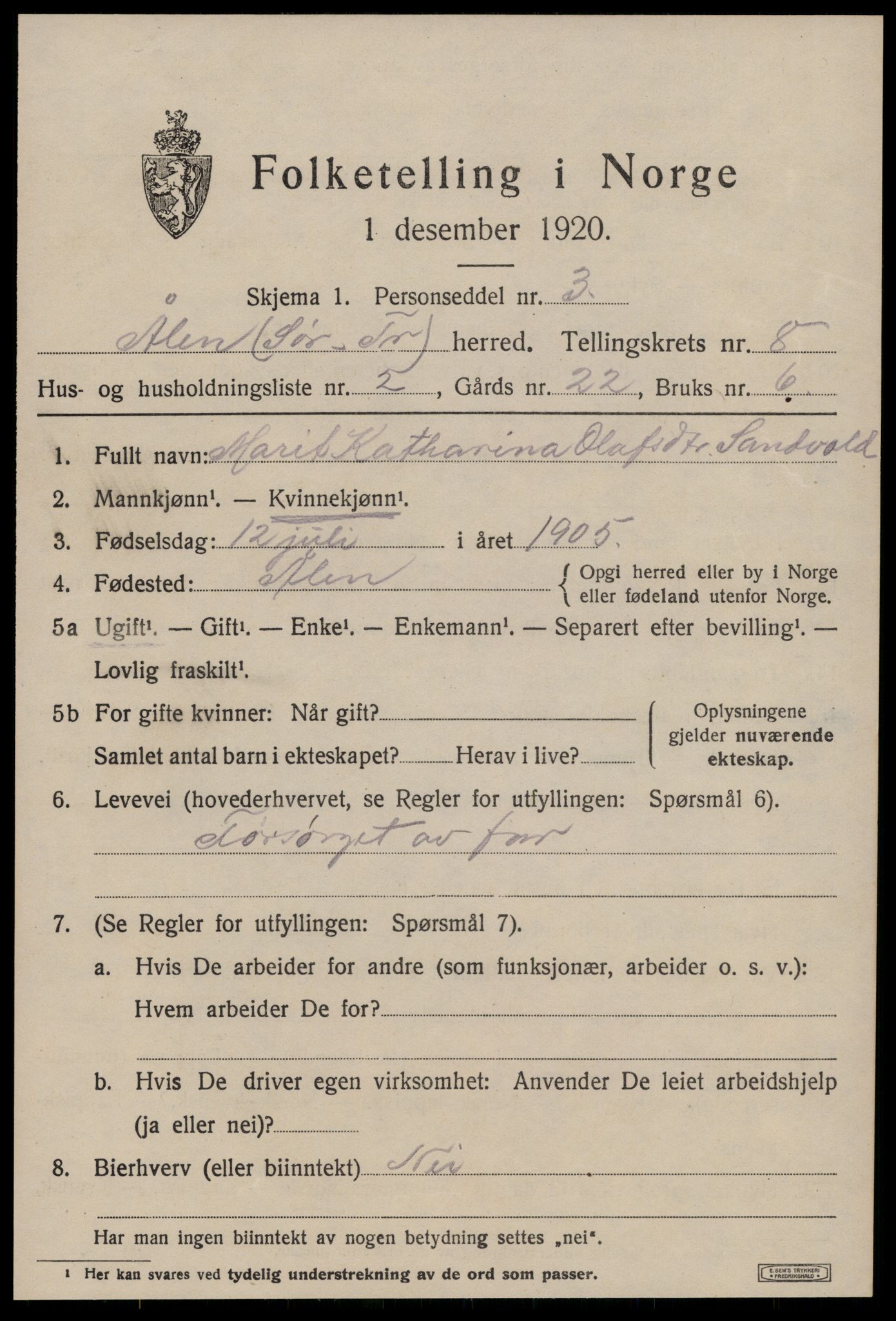 SAT, 1920 census for Ålen, 1920, p. 3602