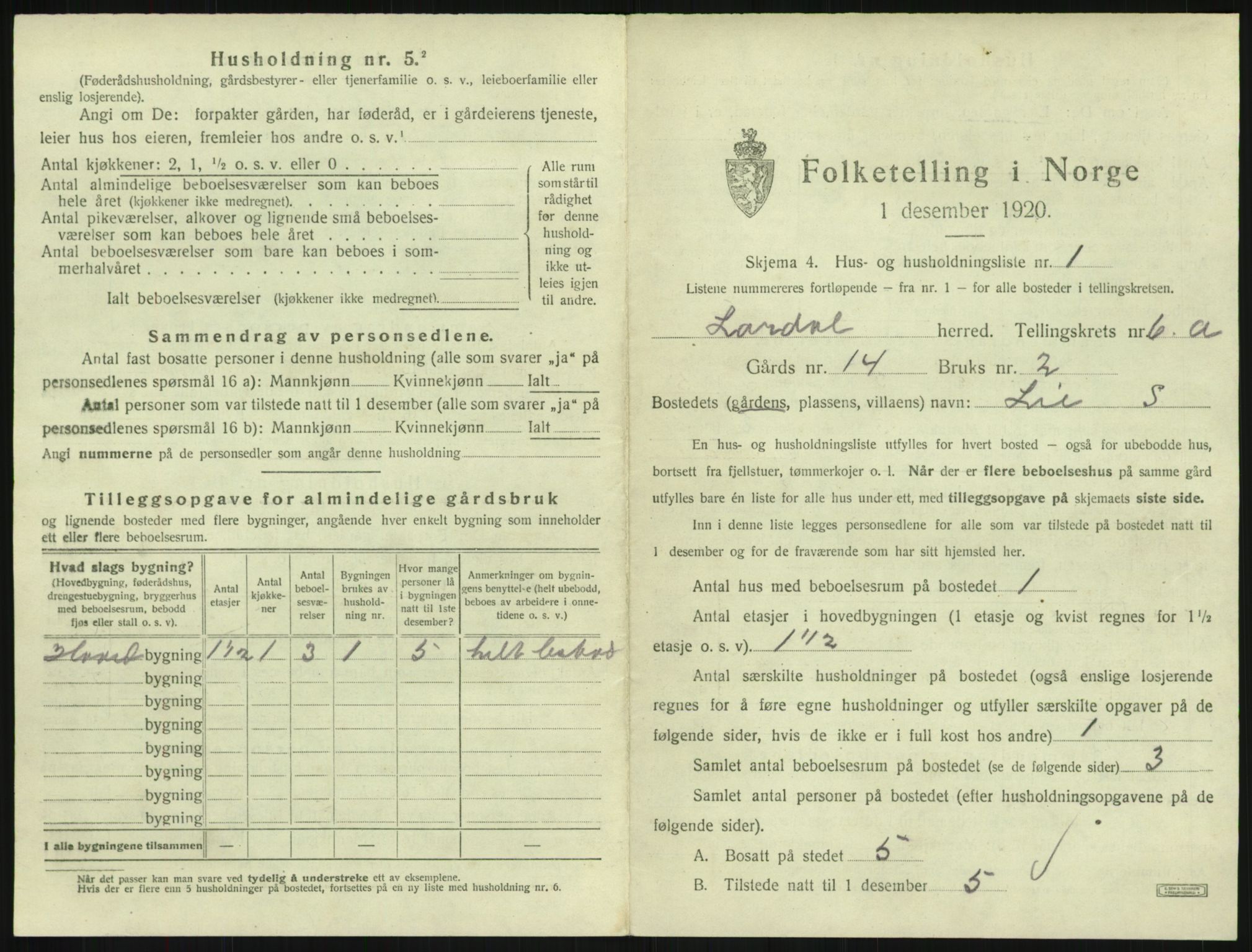 SAKO, 1920 census for Lardal, 1920, p. 873