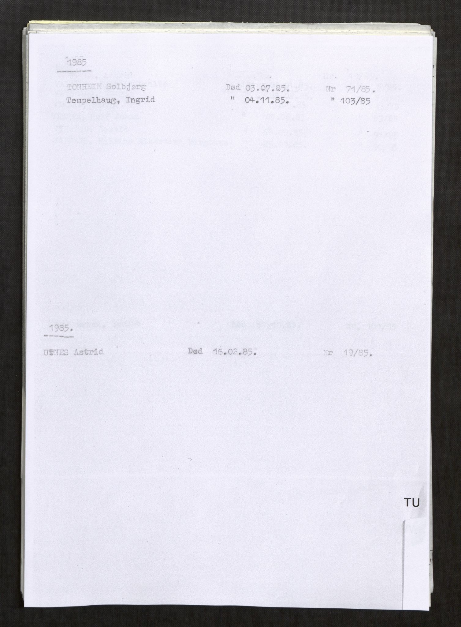 Vefsn lensmannskontor, AV/SAT-A-5714/4/Gh/L0003: Dødsfallprotokoll, 1985-1989