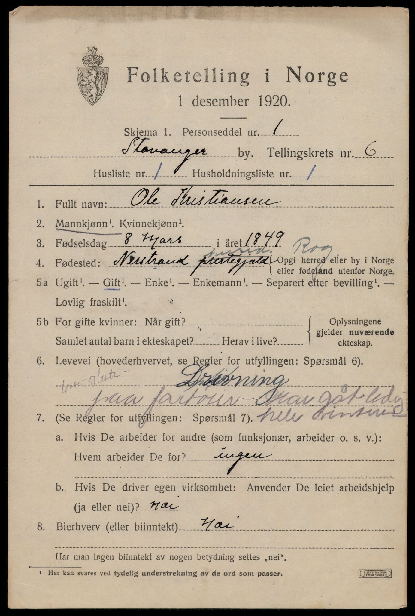 SAST, 1920 census for Stavanger, 1920, p. 42188