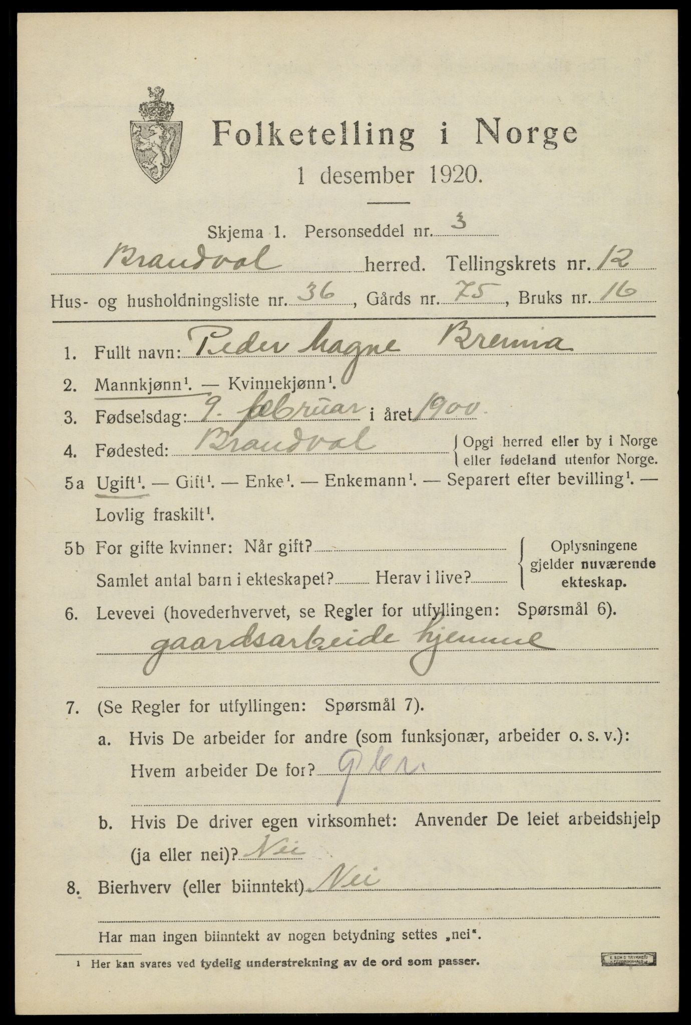 SAH, 1920 census for Brandval, 1920, p. 8854