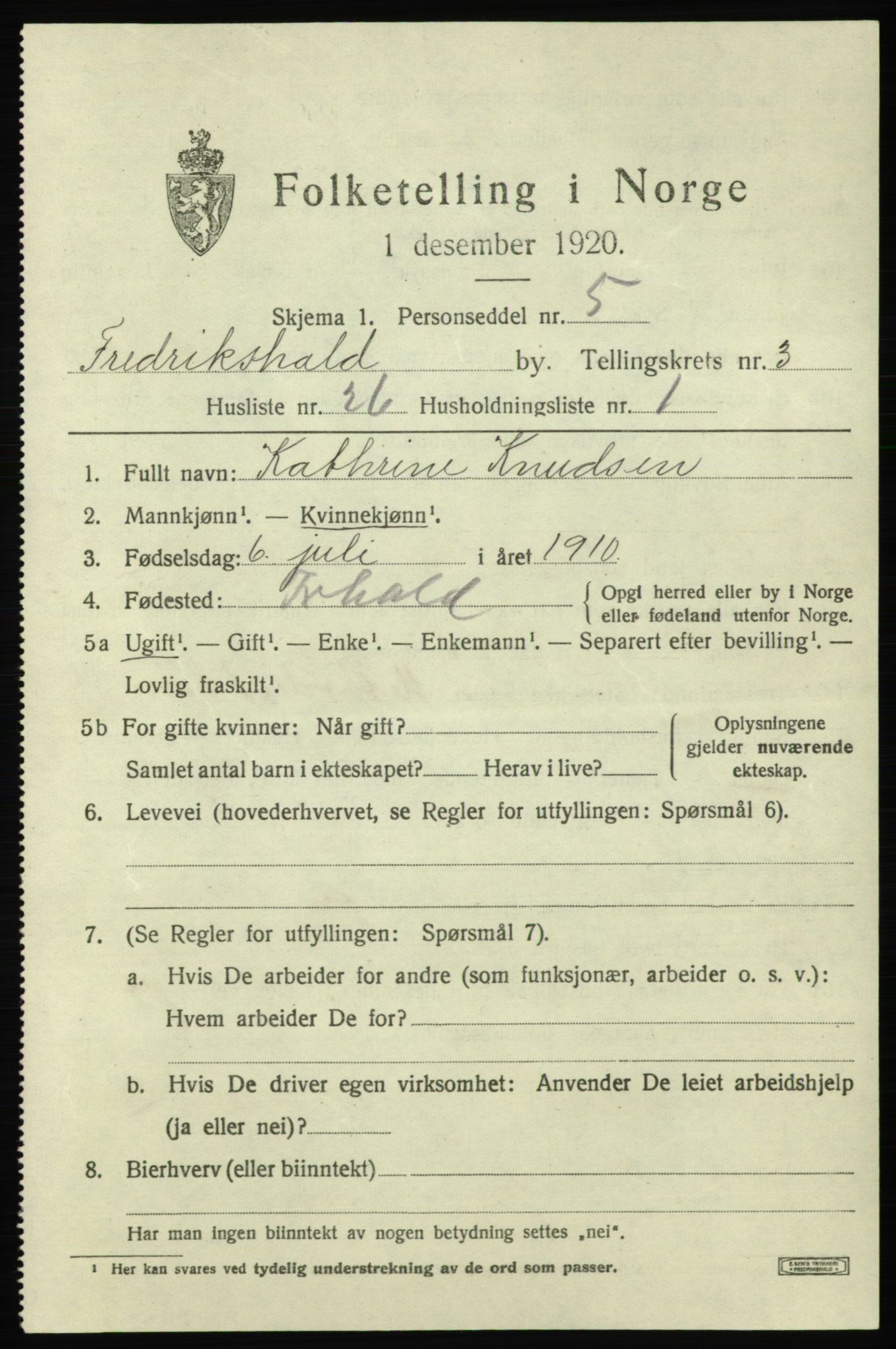 SAO, 1920 census for Fredrikshald, 1920, p. 11026