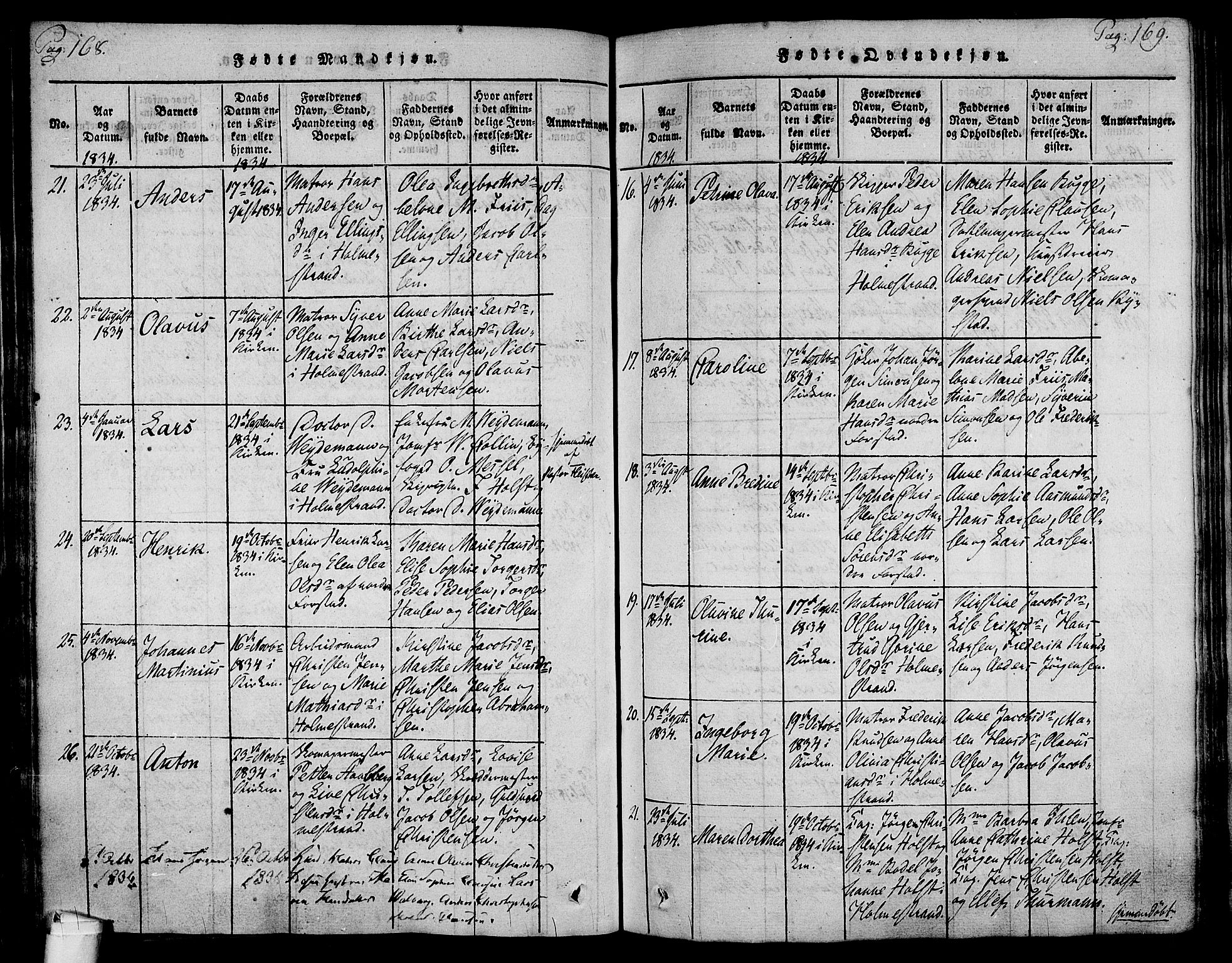 Holmestrand kirkebøker, SAKO/A-346/F/Fa/L0001: Parish register (official) no. 1, 1814-1840, p. 168-169