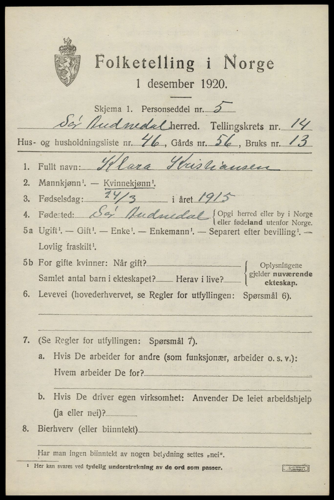 SAK, 1920 census for Sør-Audnedal, 1920, p. 5615