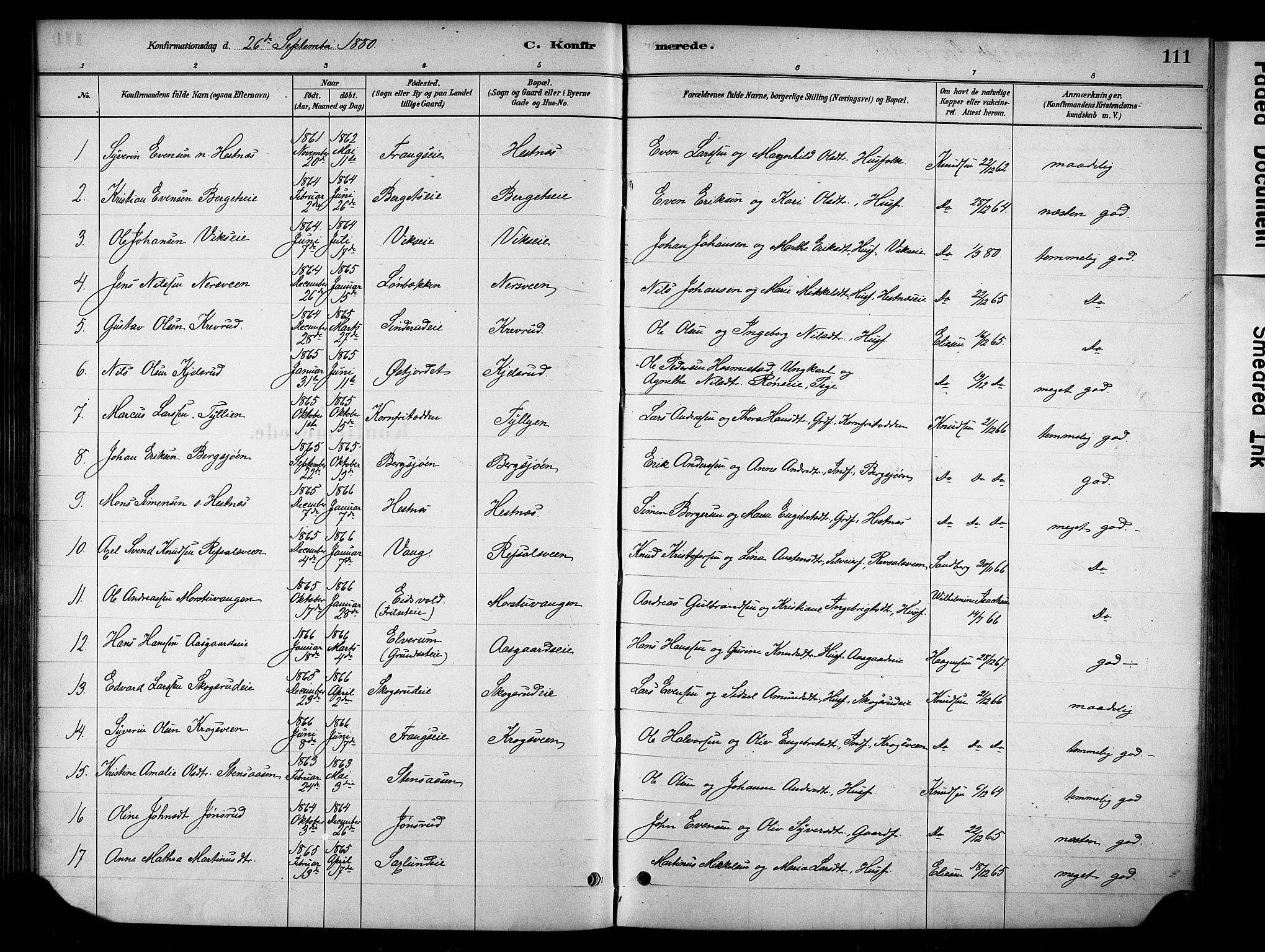 Stange prestekontor, SAH/PREST-002/K/L0018: Parish register (official) no. 18, 1880-1896, p. 111
