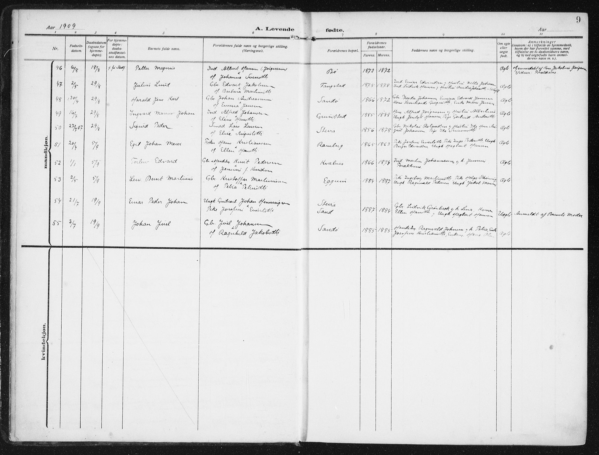 Ministerialprotokoller, klokkerbøker og fødselsregistre - Nordland, AV/SAT-A-1459/880/L1135: Parish register (official) no. 880A09, 1908-1919, p. 9