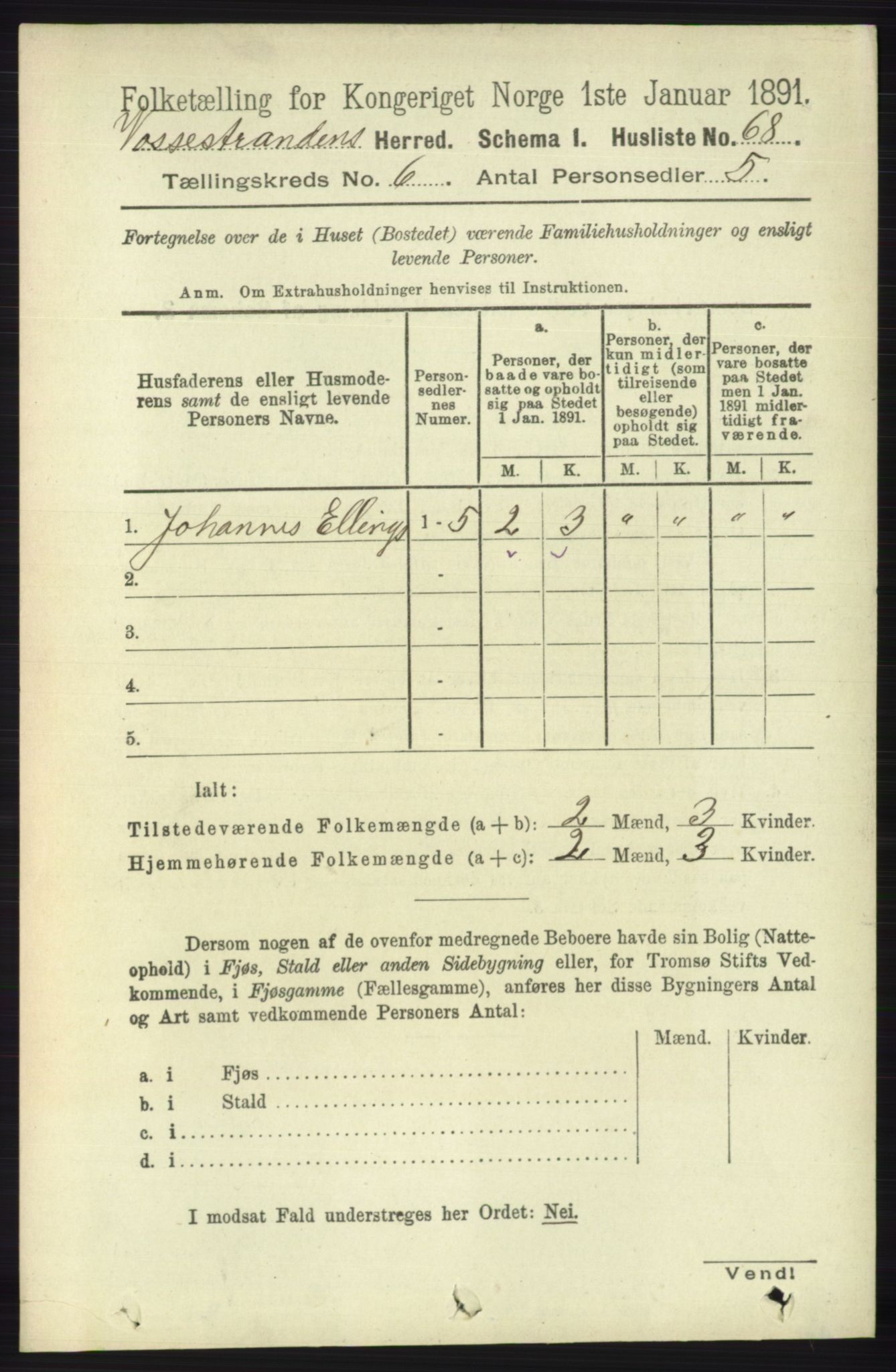 RA, 1891 census for 1236 Vossestrand, 1891, p. 2190