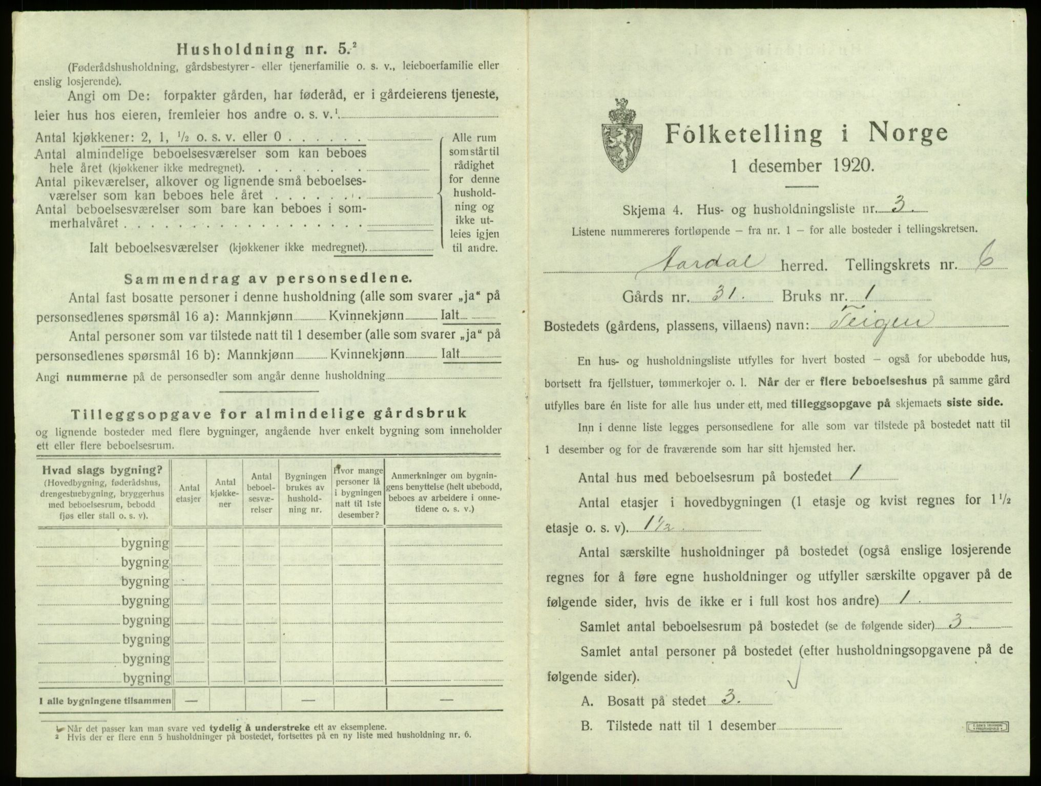 SAB, 1920 census for Årdal, 1920, p. 401