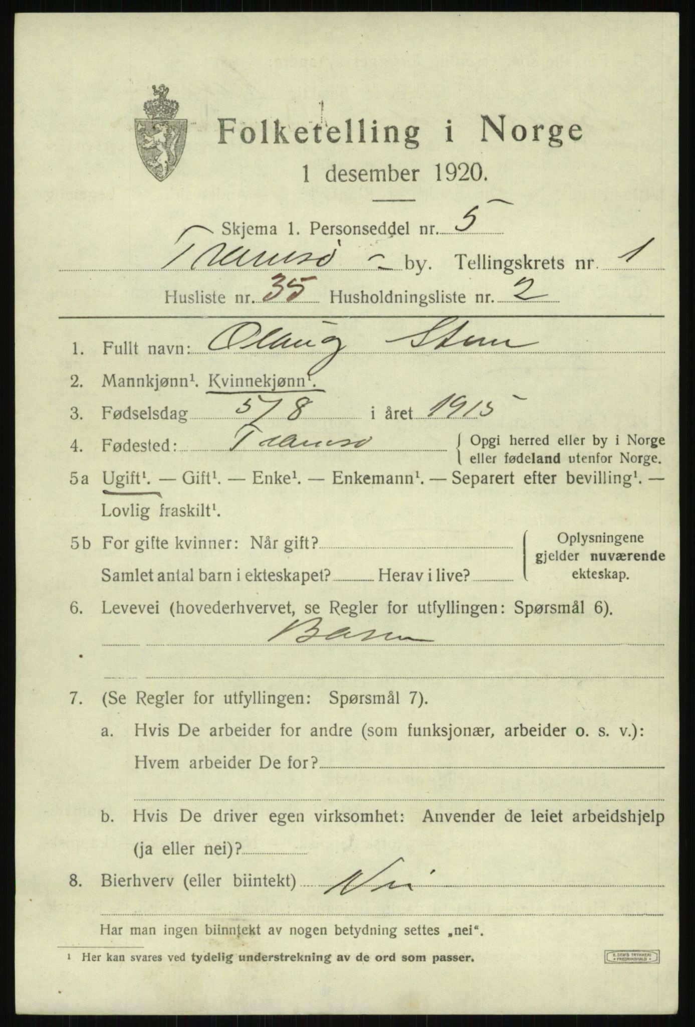 SATØ, 1920 census for Tromsø, 1920, p. 7485